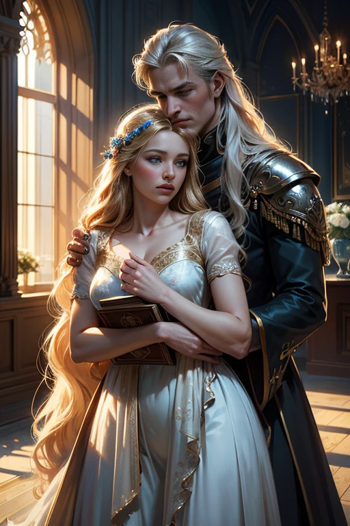 (masterpiece, highest quality, high resolution, 8k, difficulty: 1.2) photorealistic book cover in the genre of epic romantic fantasy, in the center of which a COUPLE (a man and a woman) is depicted. Spring romantic fantasy in the center stands a handsome, tall, statuesque, courageous young man-blond with long white hair, dressed in military uniform and silver armor, he hugs from behind a beautiful, incredibly beautiful young femme fatale with long golden hair, blue eyes, she is a princess, she is sad, proportional, gentle, shimmering, beautiful faces, she does not like him, he is unpleasant to her, daytime bokeh, fairy fairy, mysterious, bright spring color scheme, (Best quality, 8K, high resolution, Masterpiece: 1,2), Ultra-detailed (Realistic, Photorealistic, photorealistic-realistic: 1.37), Artistic design in a creative style, Historical, Classic, refined, many colors, High detail, soft lighting, luxurious furnishings, dress with details, bright flowers, exquisite jewelry, Unearthly atmosphere, Elegant pose, Graceful curves, Golden body proportions, Loose hair, Breathtaking textile patterns, Piercing blue eyes, Delicate floral decor, Dazzling set of crystal accessories, Mysterious and dreamy atmosphere, Impeccable attention to detail. detailed eyes, beautiful face.