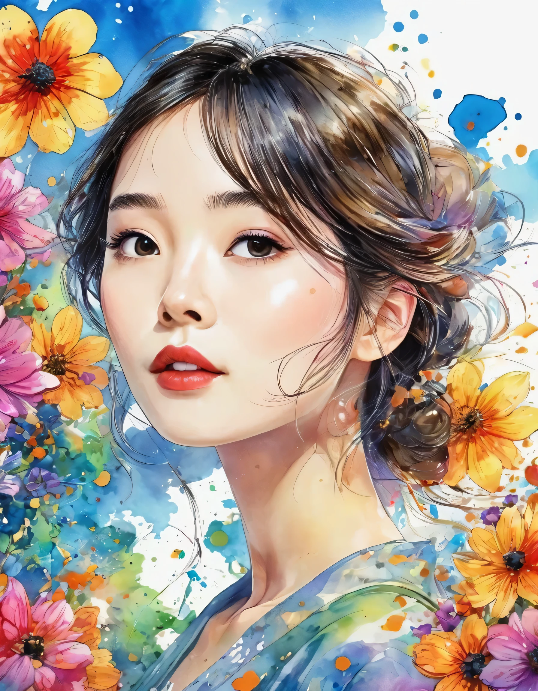 Hayao Miyazaki Style、(((stylish fashion))), 8K Quality、Intense watercolor, Detailed watercolor art, Watercolor splash, Surreal, avant-garde pop art, Beautiful and expressive paintings, Beautiful artwork illustration, Very colorful tones, wonderful, Cool beauty, highest quality、Official Art, Vector art, Stylish design, (((The most beautiful girl))), (((highest quality))), HDR, ((detailed)), (((Doodle Art)), ((masterpiece)), ((Super detailed)), (((Colorful flowers))),(((Stylish)))