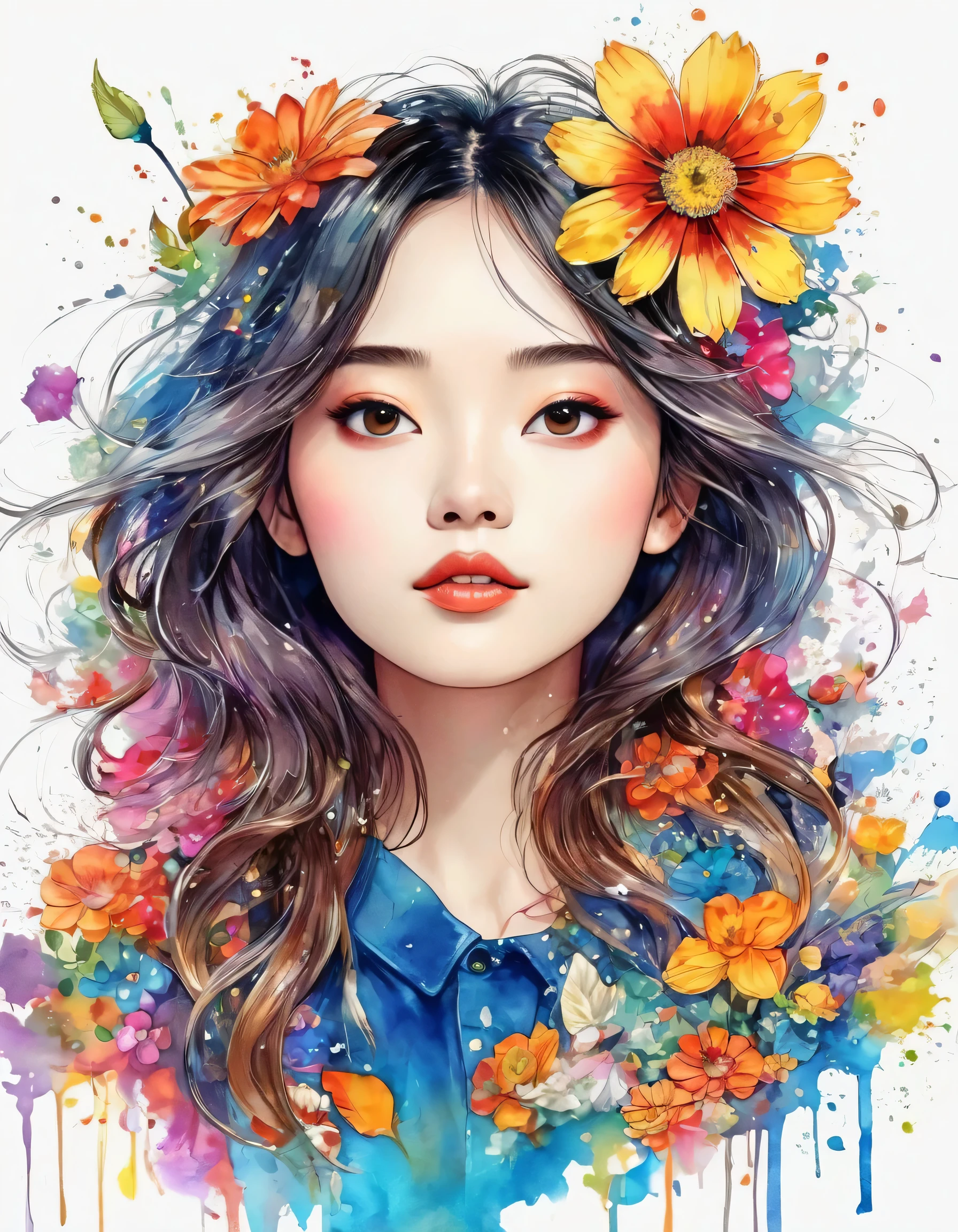 Hayao Miyazaki Style、(((stylish fashion))), 8K Quality、Intense watercolor, Detailed watercolor art, Watercolor splash, Surreal, avant-garde pop art, Beautiful and expressive paintings, Beautiful artwork illustration, Very colorful tones, wonderful, Cool beauty, highest quality、Official Art, Vector art, Stylish design, (((The most beautiful girl))), (((highest quality))), HDR, ((detailed)), (((Doodle Art)), ((masterpiece)), ((Super detailed)), (((Colorful flowers))),(((Stylish)))