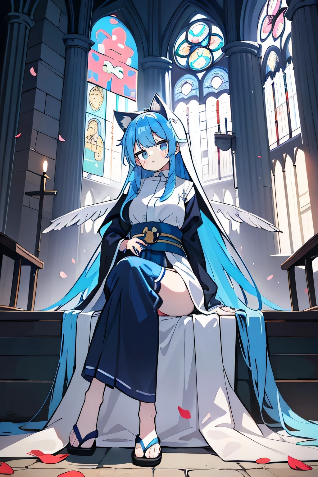 (masterpiece:1.2),Extremely detailed,Practical,expressive eyes,Fair skin,Perfect face shaping,1 Girl,
Japanese cartoons,Gorgeous blue hair, the long flowing blue hair,Floating clothes,Cat ears,Petals fall,beautiful lola,Young Angel,
Place your hands on your waist,sit elegantly on the ground,Cross your legs,Gentle and peaceful background,church,Nun's Clothes,back view,lie on the water.