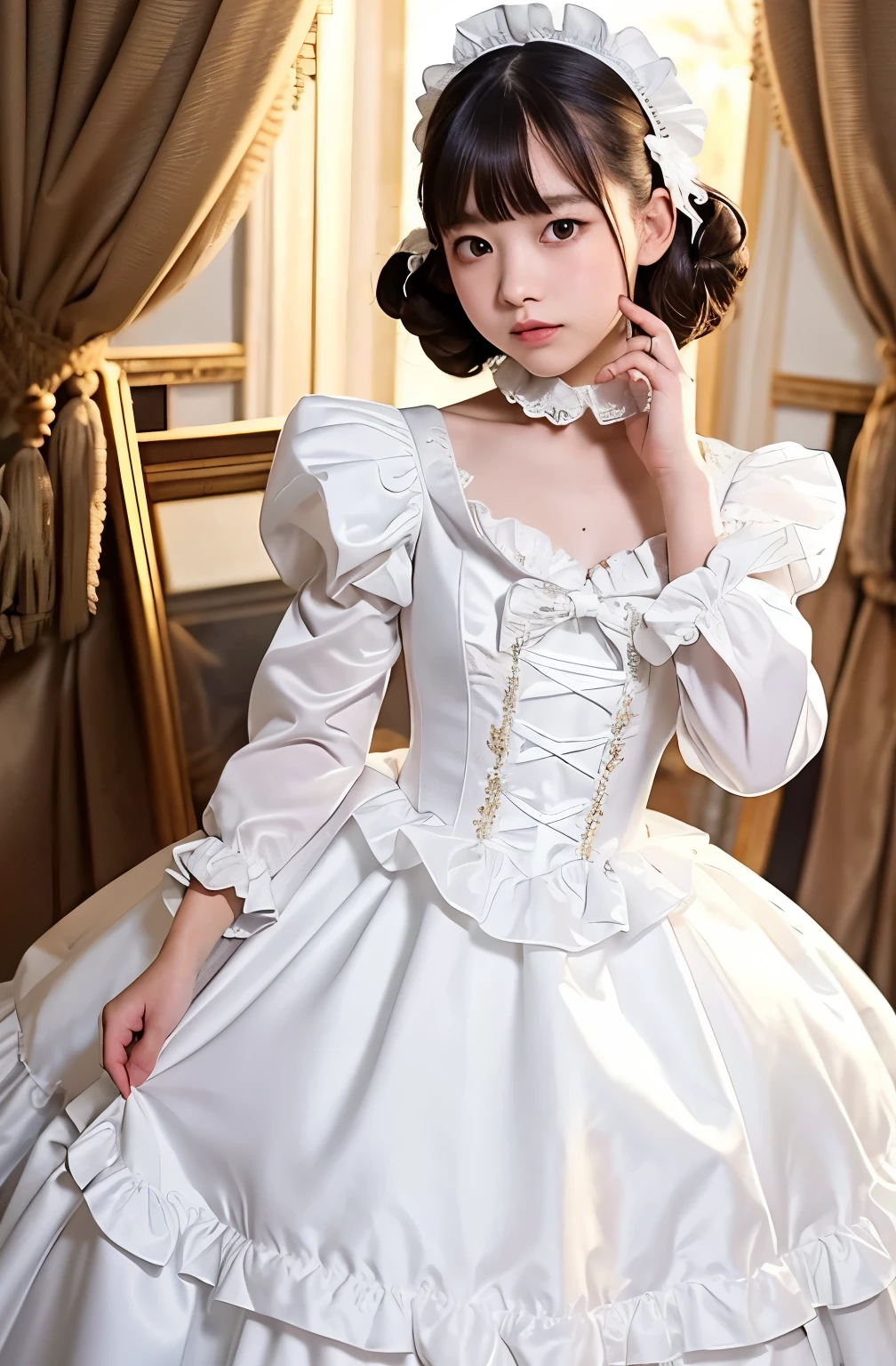 highest quality, masterpiece, highest resolution, artwork, Super nipples, skirt flip, and get used to it, many get used to it, get used to it, それにget used to it, 3k realistic pictures,,((two 14 year old little girls)),Ultra-detailed juvenile face,two are princesses,full length ball gown dress with hoop skirt,ruffled yoke collar,puff sleeves,long sleeve,((Lolita style hot white detailed princess dress with lots of ruffles and ribbons)),Rococo style lolita fashion,shiny satin dress,Soft and smooth fabric,luxury,