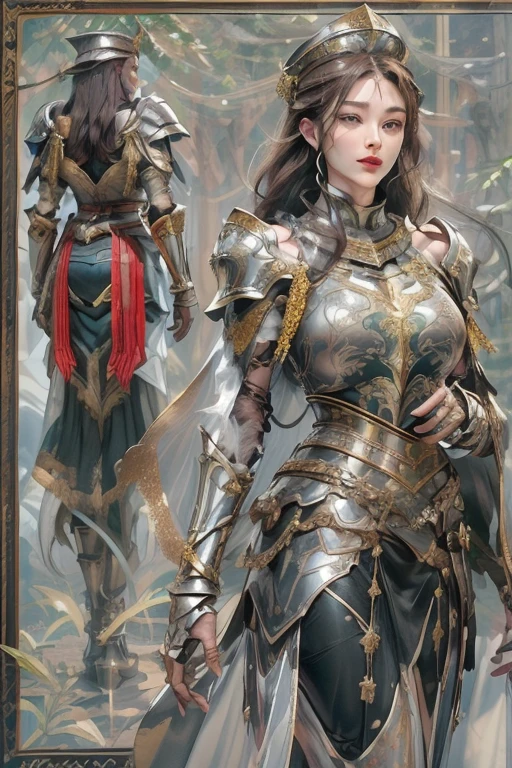 8k、Masterpiece、One woman, upper body of beautiful female, Brown Hair, Braiding, Long Hair、Red lips, Perfect Face, Green Eyes, Sensual Body、Huge breasts、Sagging breasts、Chest larger than torso、Curved waist、Large hips、Kokoshnik hat, Silver armor intricately decorated with gold, Silver Armor、Silver leg armor、big shoulder armor、Large waist armor、A long black leather skirt with slits、Cape, Summer field