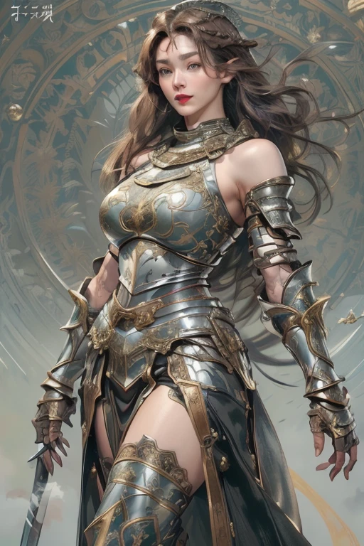 8k、Masterpiece、One woman, upper body of beautiful female, Brown Hair, Braiding, Long Hair、Red lips, Perfect Face, Green Eyes, Sensual Body、Huge breasts、Sagging breasts、Chest larger than torso、Curved waist、Large hips、Kokoshnik hat, Silver armor intricately decorated with gold, Silver Armor、Silver leg armor、big shoulder armor、Large waist armor、A long black leather skirt with slits、Cape, Summer field