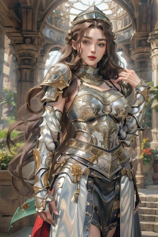 ８k、Masterpiece、One woman, upper body of beautiful female, Brown Hair, Braiding, Long Hair、Red lips, Perfect Face, Green Eyes, Sensual Body、Huge breasts、Sagging breasts、Chest larger than torso、Curved waist、Large hips、Kokoshnik hat, Silver armor intricately decorated with gold, Silver Armor、Silver leg armor、big shoulder armor、Large waist armor、A long black leather skirt with slits、Cape, Summer field 