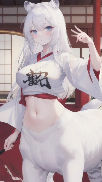 (best quality, masterpiece), 1 girl, centaur, It takes, White skin, Japanese , exposing the abdomen,belly button t-shirt, 아름다운 소녀 perfect white tiger photo, perfect white tiger photo