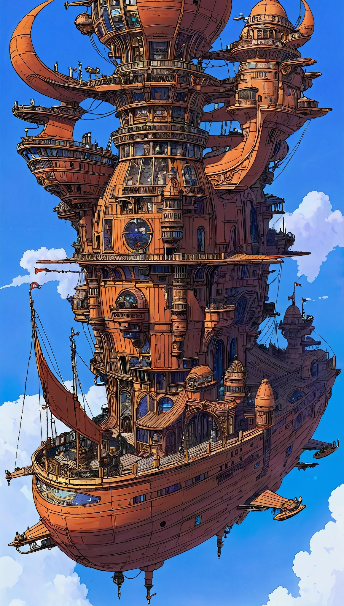 Huge, intricately detailed ships with a touch of old-fashioned charm、An unmistakable work by Moebius Jean-Giraud、worthy of the name「Sky City Ship」。This magnificent, towering, fantastical floating metropolis、It weaves the tale of an ancient civilization lost to time and treasure.。A rich display of Gothic architecture、An encounter with steampunk ingenuity、Inspire a sense of awe as you tread the line between the realms of reality and fantasy。In the sky、Complex gears spinning、Animate the ship&#39;s rigging、Leaves a trail of sparkling stardust as it spins。