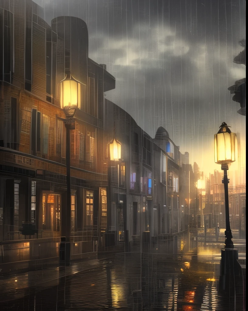 Rainy day in the town, dark, cloudy,