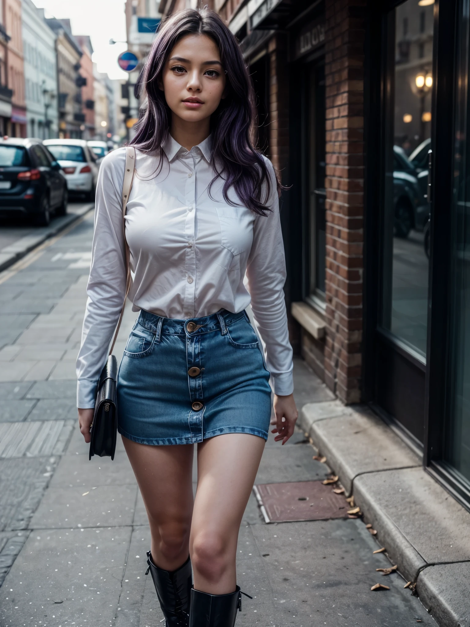 (1 lady), (Best quality at best:1.4), (ultra - detailed), (extremely detailed CG unified 16k), A Beautiful Woman with Perfect Figure: 1.4, Sharp Focus: 1.2, purple hair, very detailed, High-definition RAW color photo, professional photoshooting, amazing face and eyes, cosmetics, (standing), (amazingly beautiful girl), ((kotomi)), (exact clothes: (buttons white shirt, long sleeves), (azure tight skirt jean-type), formal, teacher outfit, glasses, (black combat boots with blue laces)), (looking cute, immerse in her own thoughts expression), (City park, extremely detailed background, realistic background, first date vibes), (frontal photo), realistic cinematic face, (head to feet long wide zoomed out view, full body long view, head to shoes), photorealistic, ((realistic natural purple hair style, purple eyes)), gorgeous, extremely beautiful face, pretty face, delicate girl, (attractive body, fit woman, big girl, athletic body, strong female), perfect model beauty, pout mouth, Highly Detailed Face and Skin Texture, Detailed Eyes, Double Eyelids, Medium size breasts, shy but motivated expression, (masterpiece), best quality, high resolution, extremely detailed, cinematic lighting, amazing legs, clear and well-cared skin, (milky pale skin, white skin like milk), official dior editorial, trending on pinterest, dreamy, aesthetic, ((style raw)), (head to toe photo)