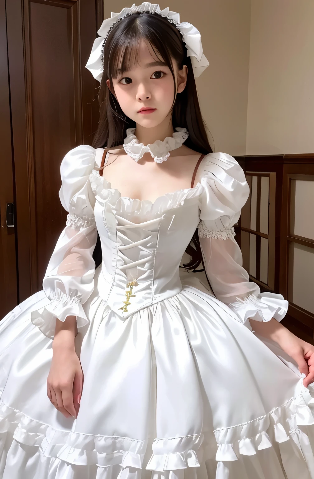 highest quality, masterpiece, highest resolution, artwork, Super nipples, skirt flip, and get used to it, many get used to it, get used to it, それにget used to it, 3k realistic pictures,,((two 14 year old s)),Ultra-detailed juvenile face,two are princesses,full length ball gown dress with hoop skirt,ruffled yoke collar,puff sleeves,long sleeve,((Lolita stylt white detailed princess dress with lots of ruffles and ribbons)),Rococo style lolita fashion,y satin dress,Soft and smooth fabric,luxury,