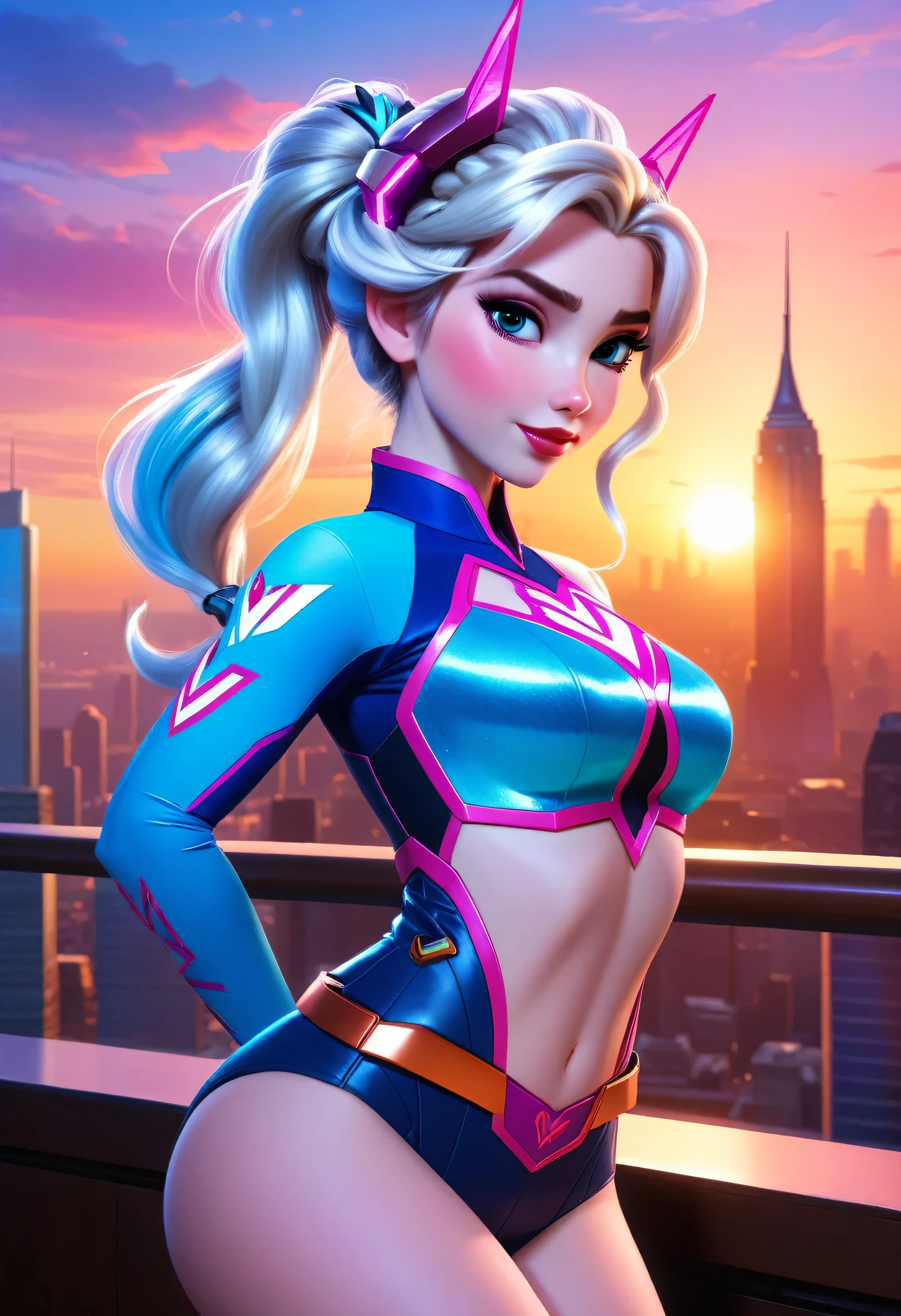 ((elsa and d.va merged:1.3)), merged, sexy, half body, metropolitan background, sunset, sexy attire, (high quality), (masterpiece), negative_hand