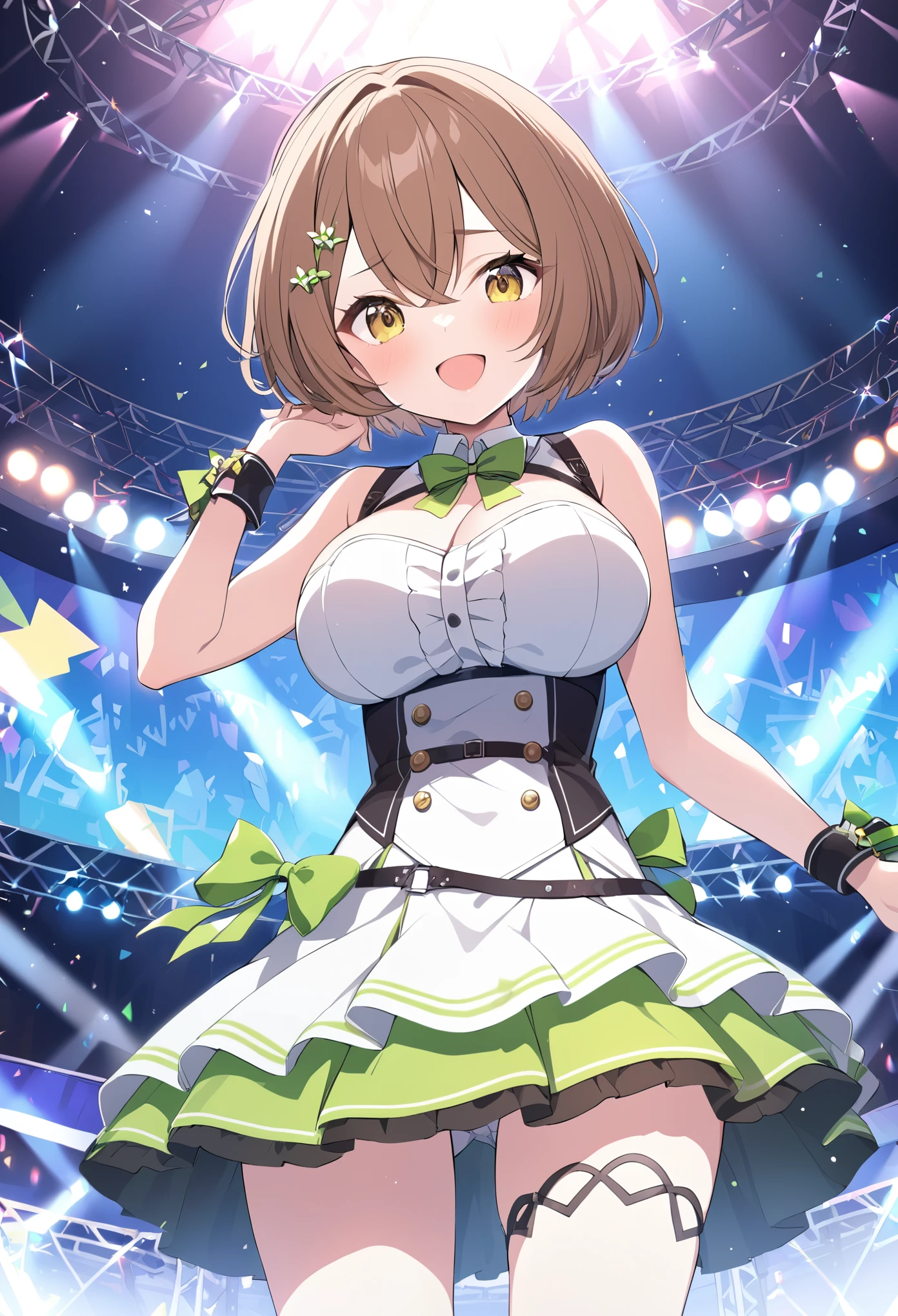 TachibanaNaomi, brown hair ,short hair, yellow eyes,, large breasts,, Live Stage, solo