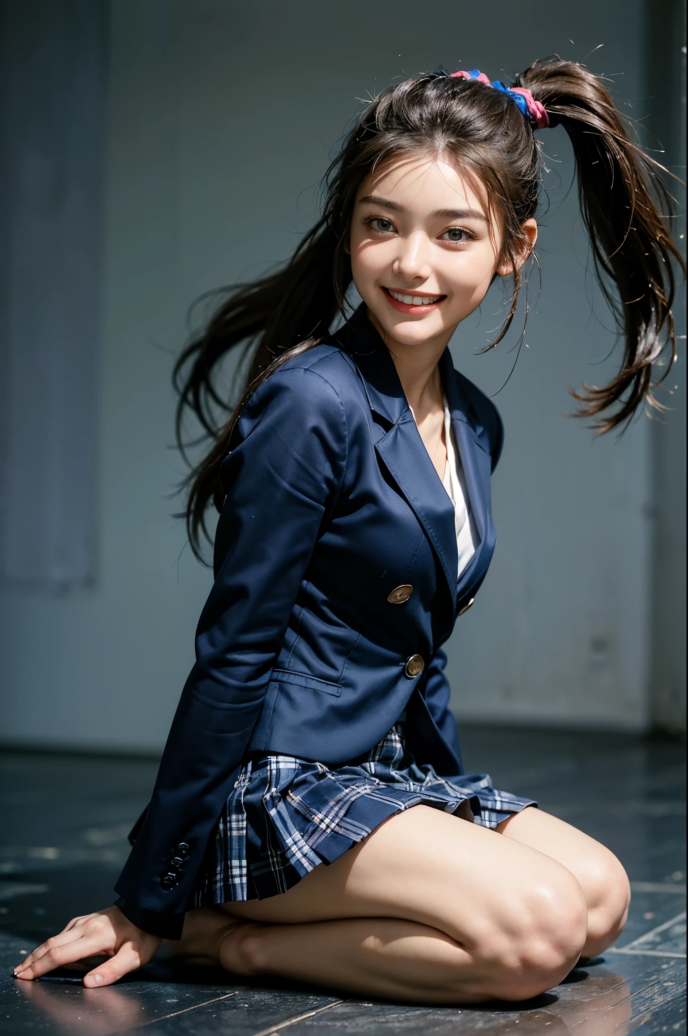 highest quality, masterpiece, Ultra-high resolution,(((Face Focus:1.6))) (Realistic:1.6), (Portrait of a man kneeling with legs apart) RAW Photos, 1 girl, 20-year-old,((Navy blazer and blue checked mini skirt)),((Ponytail and hair tie)),,((Looking up at the audience)),Realistic,((background)), Image Media Chest)),((Smiling with teeth showing)),