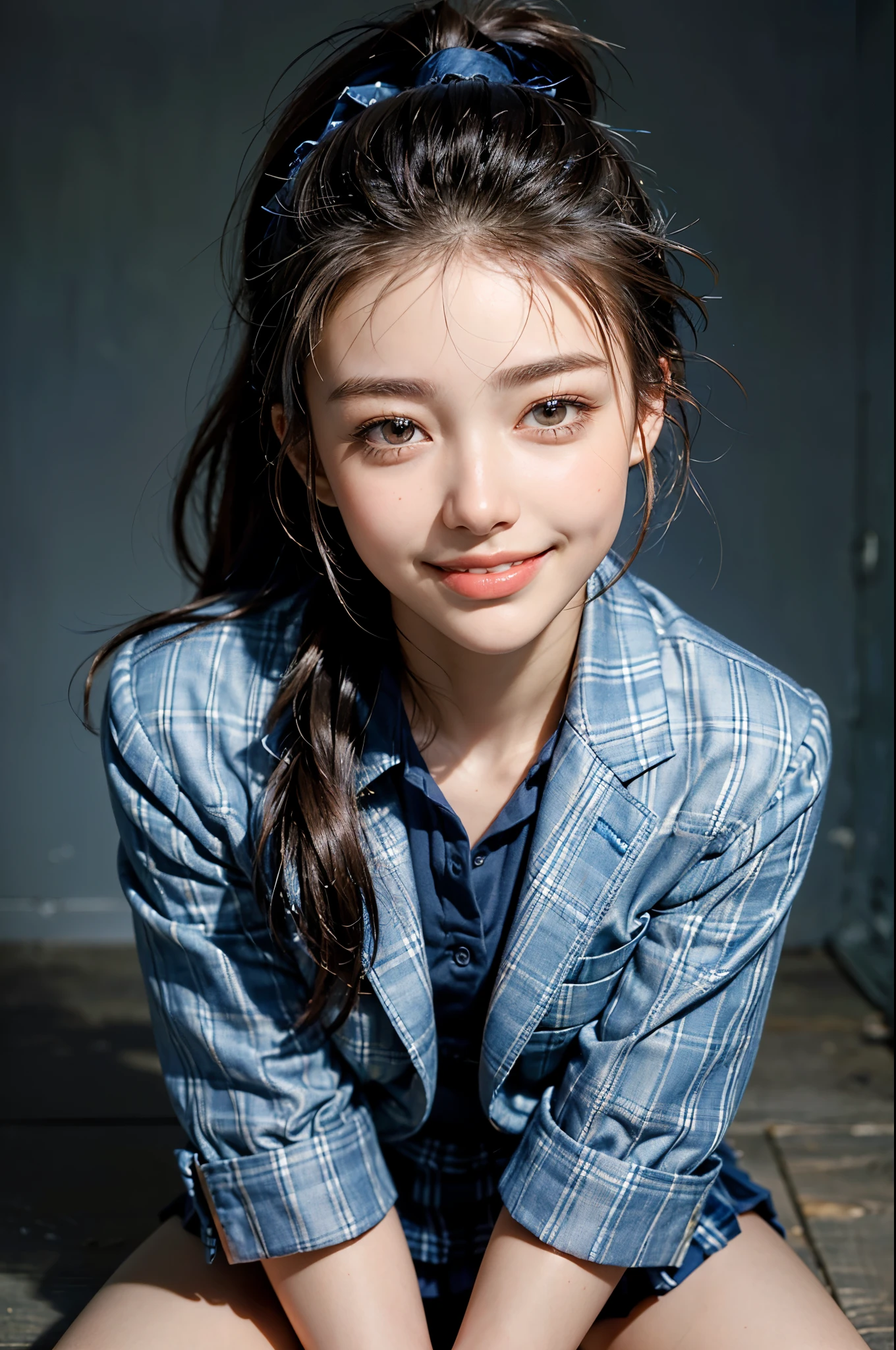 highest quality, masterpiece, Ultra-high resolution,(((Face Focus:1.6))) (Realistic:1.6), (Portrait of a man kneeling with legs apart) RAW Photos, 1 girl, 20-year-old,((Navy blazer and blue checked mini skirt)),((Ponytail and hair tie)),,((Looking up at the audience)),Realistic,((background)), Image Media Chest)),((Smiling with teeth showing)),
