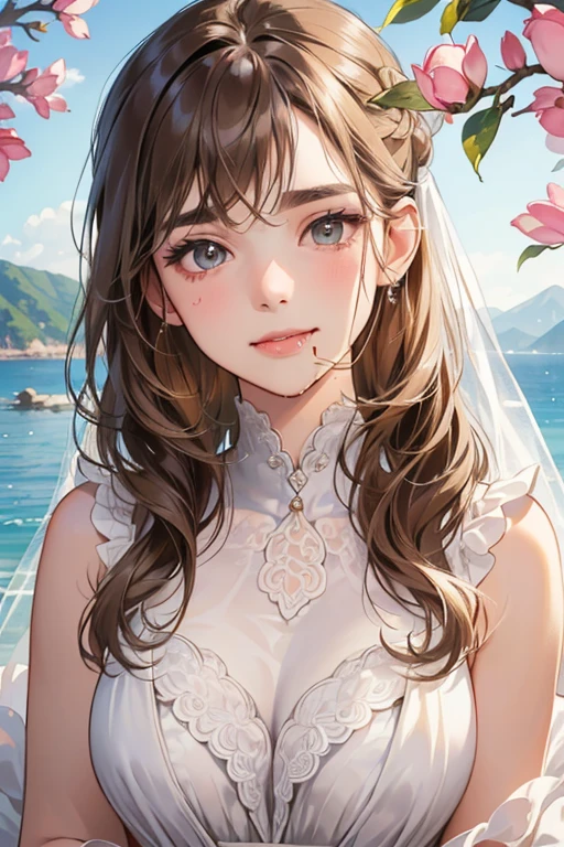 (table top, digital art, digital illustration, 4K, 8K, super detailed, beautiful images, clear image, realistic, RAW photo, perfect face, perfect lines, perfect eyes, soft lighting) 1 female, (light brown hair,chignon hair,innocent look,droopy eyebrows,drooling eyes,With a round face,Round jaws、innocence,cute,Big eyes,natural makeup,smile gently,E cup,23 year old female:1.3),Two handsome men in suits, (human,Men in suits,muscular,Firm shoulder width,adult male,boyish hairstyle,A man in his 30s with a cool expression,28-year-old man with bright smile:1.2),coastal、beach wedding,(embarrassing,shy smile,magnolia bouquet:1.2),coastal、kiss、Kissing、couple、couplekiss、romance、Wedding dress、wedding style、