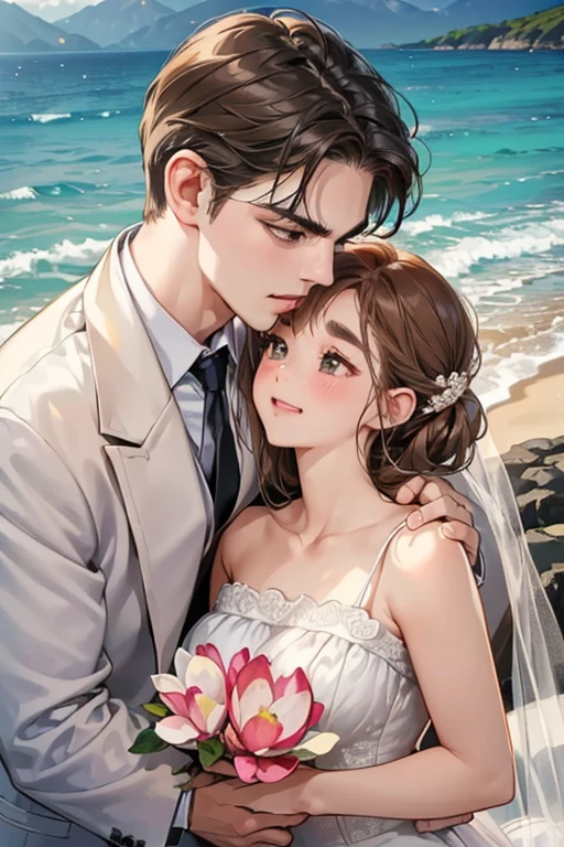 (table top, digital art, digital illustration, 4K, 8K, super detailed, beautiful images, clear image, realistic, RAW photo, perfect face, perfect lines, perfect eyes, soft lighting) 1 female, (light brown hair,chignon hair,innocent look,droopy eyebrows,drooling eyes,With a round face,Round jaws、innocence,cute,Big eyes,natural makeup,smile gently,E cup,23 year old female:1.3),Two handsome men in suits, (human,Men in suits,muscular,Firm shoulder width,adult male,boyish hairstyle,A man in his 30s with a cool expression,28-year-old man with bright smile:1.2),coastal、beach wedding,(embarrassing,shy smile,magnolia bouquet:1.2),coastal、kiss、Kissing、couple、couplekiss、romance、Wedding dress、wedding style、
