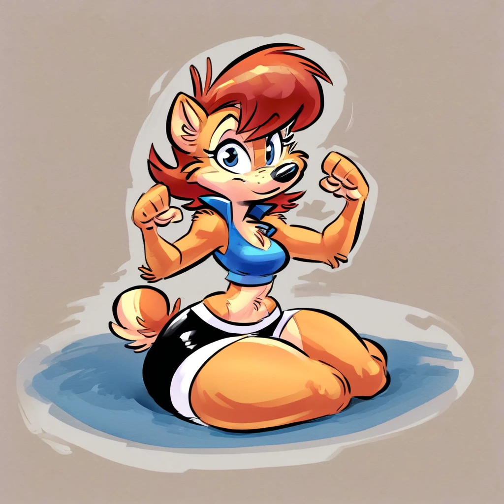 Sally Sally acorn, fur,btpt-fc, wearing black swimming shorts, doing a sitting pin up pose, has thick thighs, high quality, crisp, 