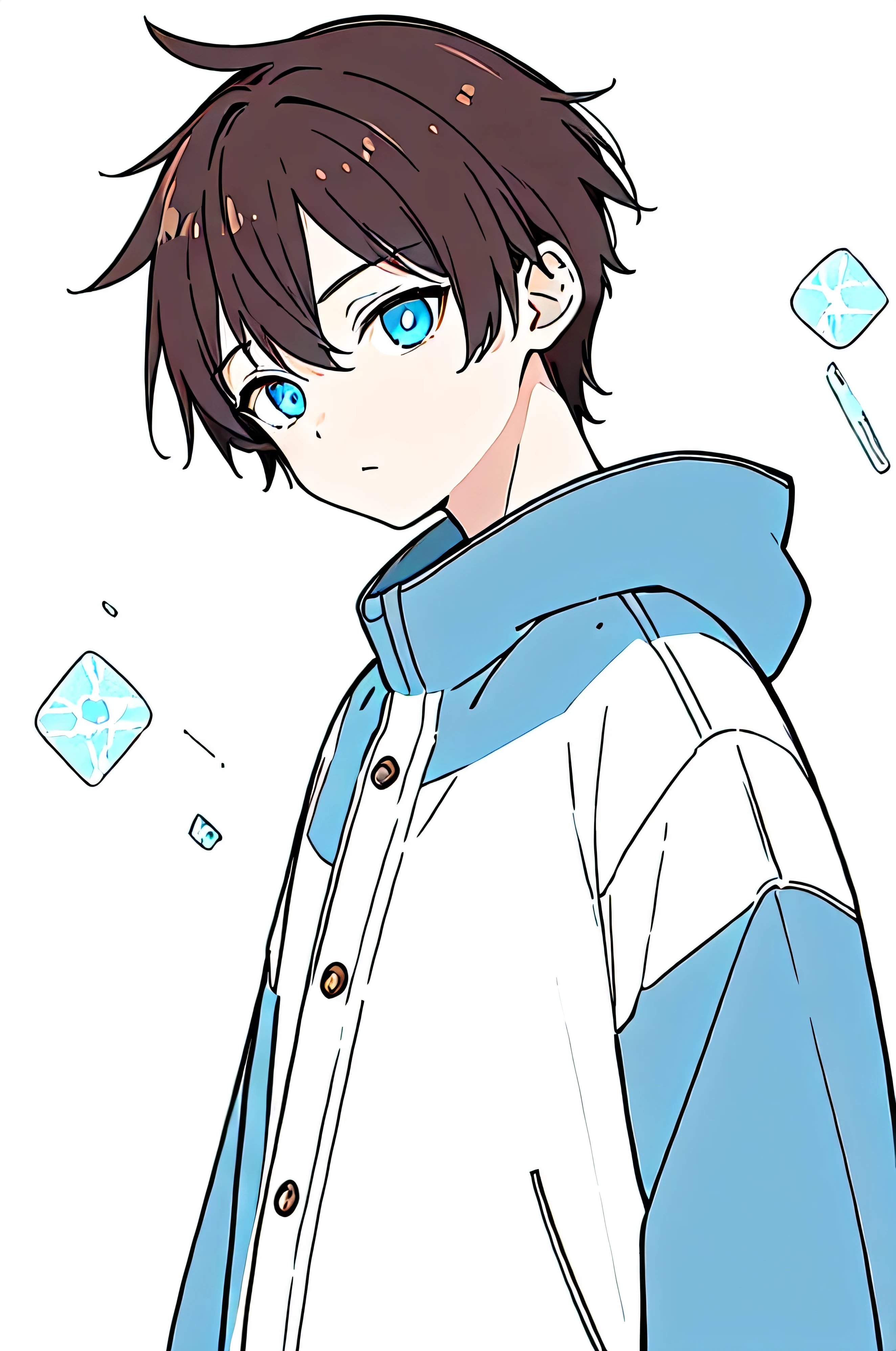 [(WHITE BACKGROUND:1.5),::5], ((((masterpiece)))), high quality, very_high_resolution, large_filesize, full color, ((1 little boy)), 13 old year, ((men's short brown hair)), vivid color, ((Blue eye)), Parka, (upper body), ((anime style))