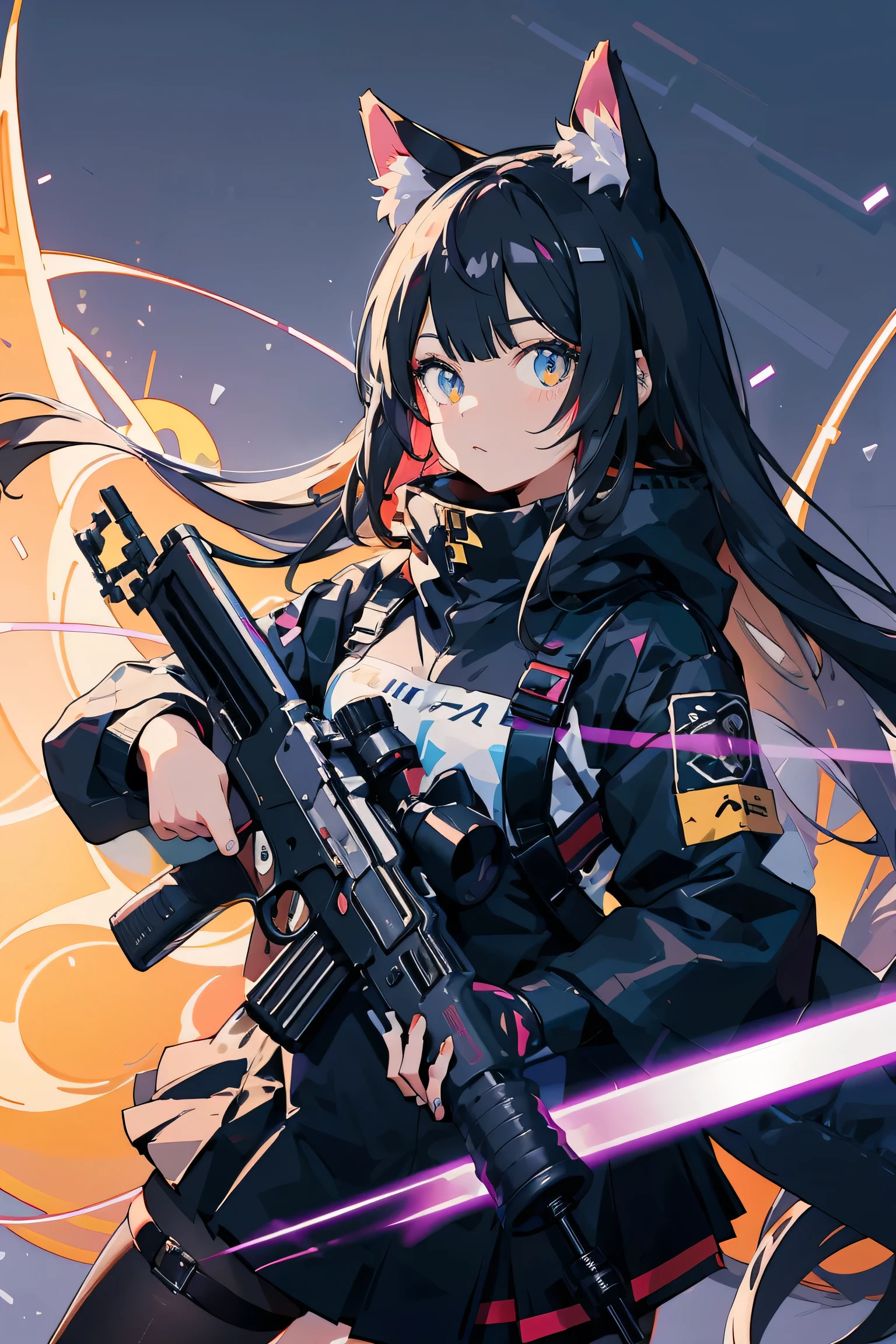 Anime girl with black hair and cat hat, Anime-style illustrations, Moe art style, Wallpaper 8K, Digital Illustration, Beautiful cat girl, futuristic fashion in black and Holographic colors, There are lots of details and buttons, Cable coming out of sleeve, The background features a simple pattern with weapons motifs., Purple and Black, arms,weapons, Holographic, Holo Details,Anime girl with gun and futuristic outfit, M4 Sopmod II Girls Frontline, Anime Machine Gun Shooting, Mechanized Soldier Girl, Railgun, Best Anime 4K Konachan Wallpaper, Fine details. Girls' Frontline, Digital Cyberpunk - Anime Art, Girls Frontline Style, From Girls Frontline, Cyberpunk Anime Girl, Cyberpunk anime art, Nightcore, anime cyberpunk art