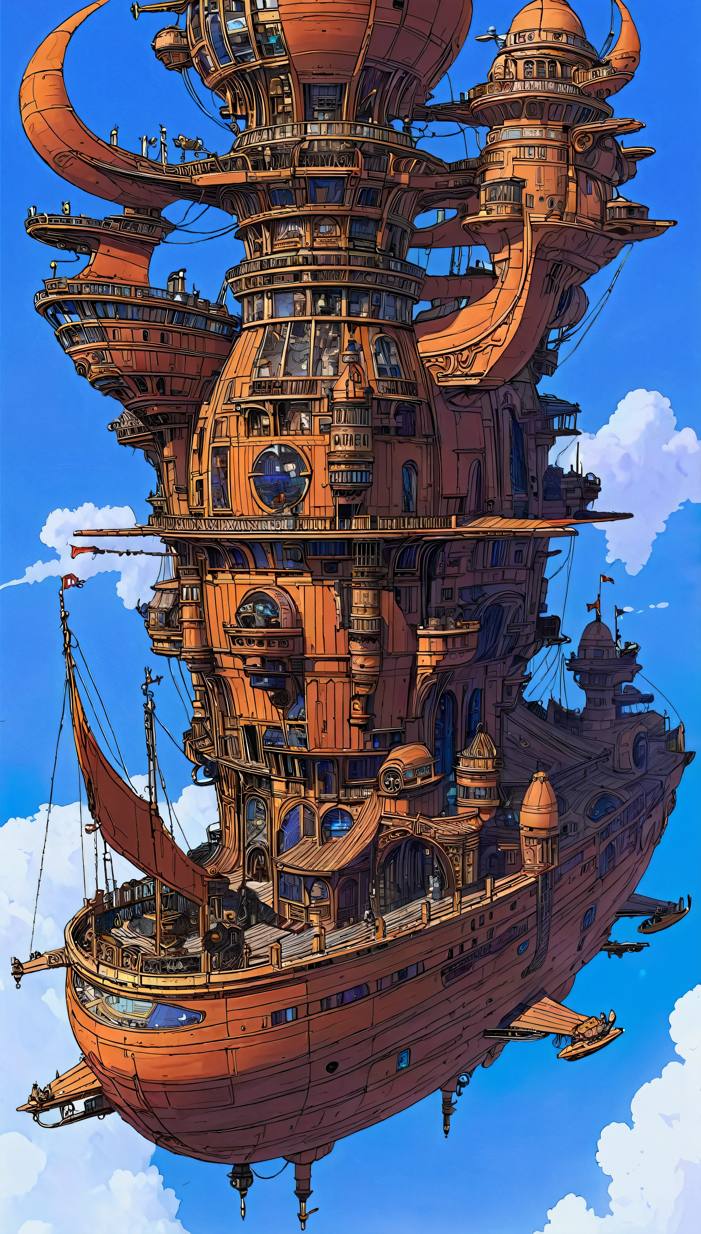 Huge, intricately detailed ships with a touch of old-fashioned charm、An unmistakable work by Moebius Jean-Giraud、worthy of the name「Sky City Ship」。This magnificent, towering, fantastical floating metropolis、It weaves the tale of an ancient civilization lost to time and treasure.。A rich display of Gothic architecture、An encounter with steampunk ingenuity、Inspire a sense of awe as you tread the line between the realms of reality and fantasy。In the sky、Complex gears spinning、Animate the ship&#39;s rigging、Leaves a trail of sparkling stardust as it spins。