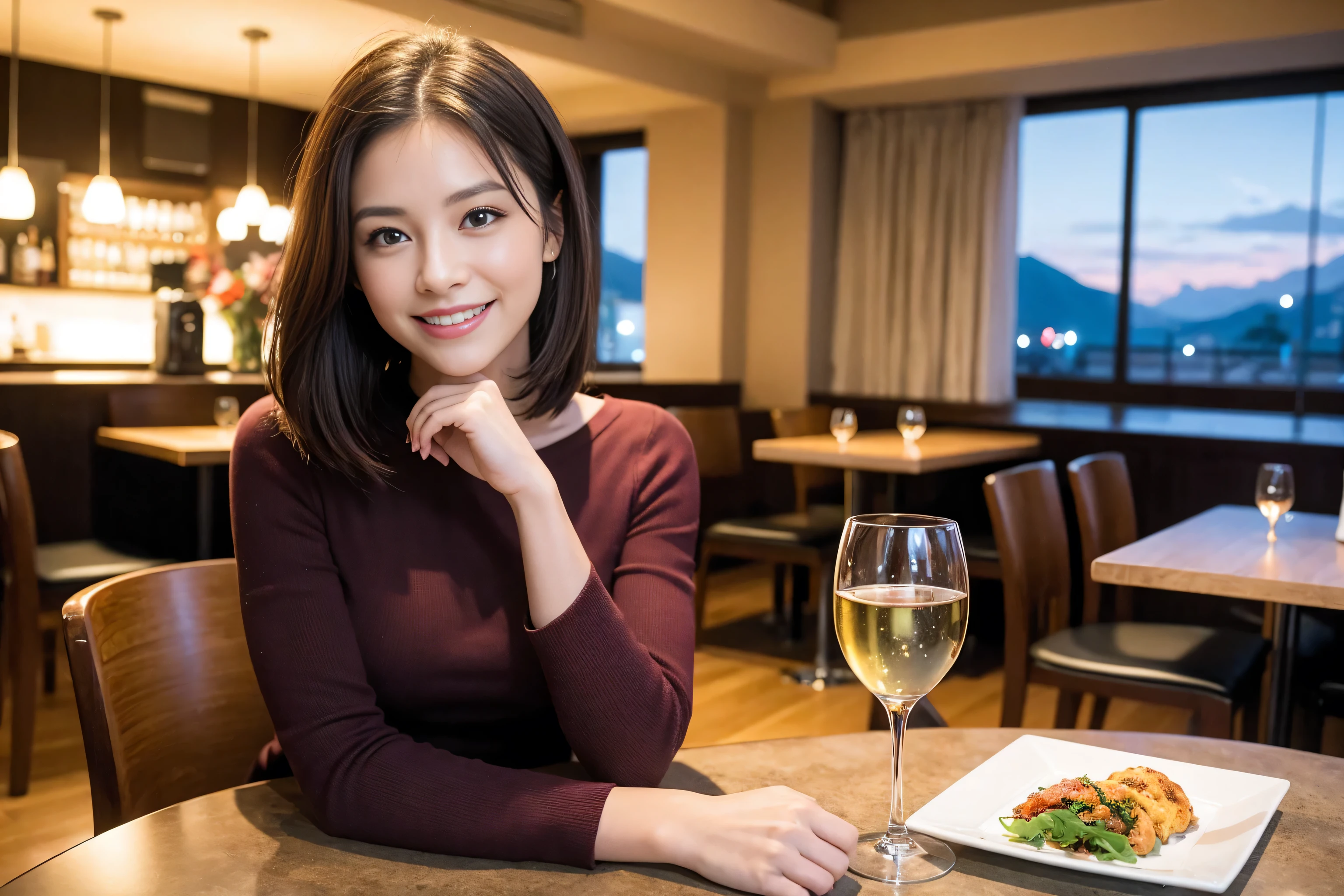 ((highest quality、8k、masterpiece:1.3))、1 male、1 female、Couple、Spouse、Satomi Ishihara-like beautiful couple、The body is slim、((Bob Hale、Straight hair:1.2)), (Realistic, Intricate details:1.2), Wine glass on the table、Shine light on your face、 Amazing view of the sunset sky and clouds、Amazing mountain views、A bright smile、The wonderfulness of smile、Bright image、The beauty of wine, Beautiful Face, blue eyes, The light shines on your face, Blushing, short hair,Bright Face、 (43 years old), 39 years old, red wine 、Appetizers、Italian food、Wine bottle、Champagne、sparkling wine、Two beauties、Brown Hair、Shortcuts、Long sleeve shirt、dress、Pretty Woman 1, (Slim face), (The body is slim), (Brown Hair), (Shortcuts), cheeks turn a little red,Attractive beauty、restaurant, In a prominent place (From the waist up) Nova Frog Style, actress, model, Upper Body, White wine, slim, wine glass, A wine glass placed in the center, smile, (smile: 1.15), Beautiful fine grain, Depth f/2,saturation, High Contrast, Strong light and shadow,Moist Body:1.5、3D texture、Delicate eyes、Brown Hair、The hair is very shiny、