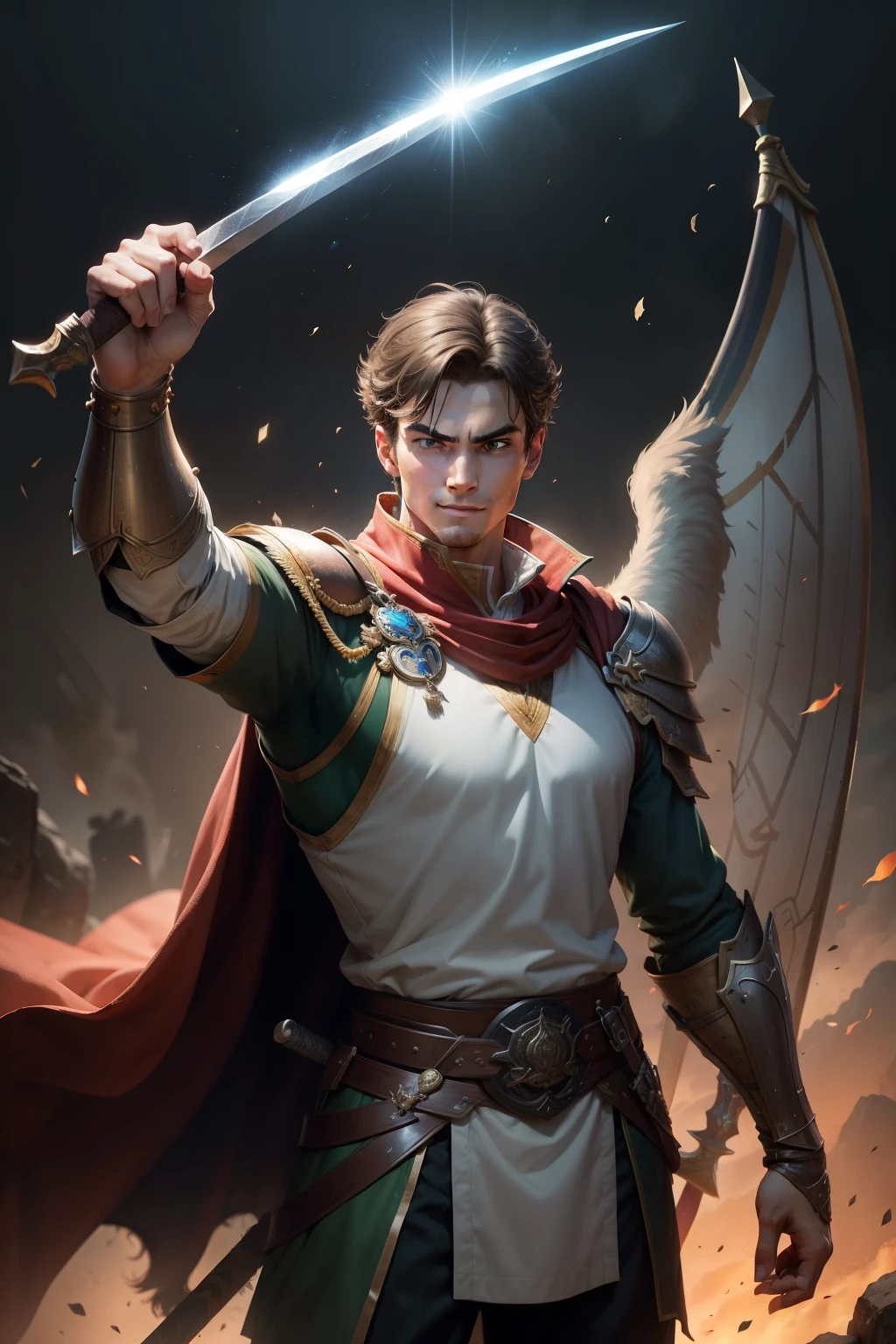 Legendary Game Hero, Stanced in Four Positions:
1. The valiant warrior, sword held high, stands with a heroic posture, his eyes gleaming with determination, ready to conquer any challenge that lies ahead.
2. The tactician, fingers poised on the game's virtual map, his brows furrowed in concentration as he strategizes his next move, aiming for victory.
3. The determined character, fingers dancing swiftly across the keyboard, eyes focused on the screen, wholly ingrained in the world of the game, a champion to the core.
4. The victor, arms raised triumphantly, victorious smile gracing his face,
