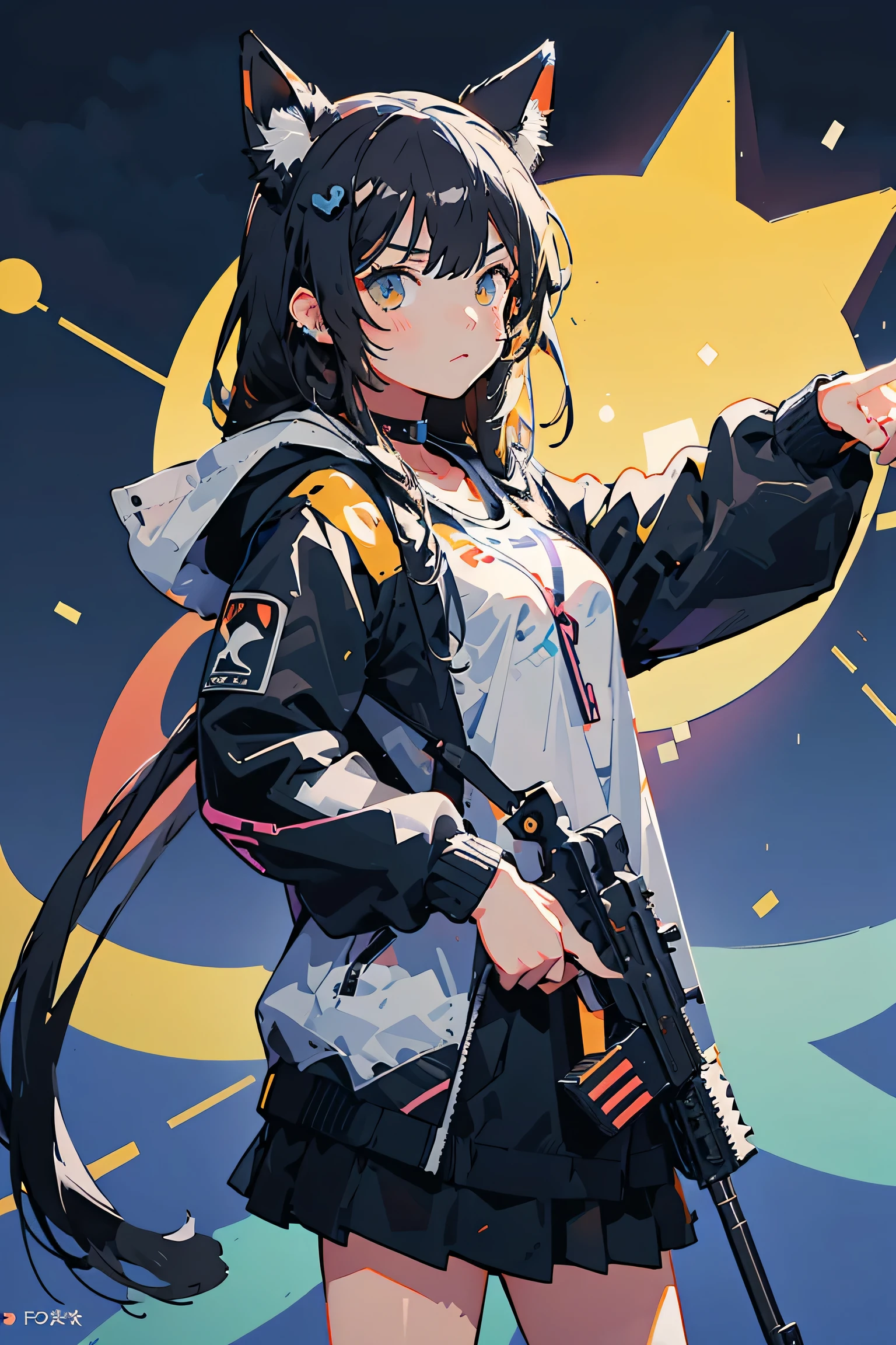 Anime girl with black hair and cat hat, Anime-style illustrations, Moe art style, Wallpaper 8K, Digital Illustration, Beautiful cat girl, She wears a hoodie with animal ears and techno-wear technology, futuristic fashion in black and Holographic colors, There are lots of details and buttons, Cable coming out of sleeve, The background features a simple pattern of cat motifs and paw prints., Purple and Black, Black Cat's Eyes, Holographic, Holo Details,holding a gun in his hand,He has a bazooka on his arm,Fighting Pose,Anime girl with gun and futuristic outfit, M4 Sopmod II Girls Frontline, Anime Machine Gun Shooting, Mechanized Soldier Girl, Railgun, Best Anime 4K Konachan Wallpaper, Fine details. Girls&#39; Frontline, Digital Cyberpunk - Anime Art, Girls Frontline Style, From Girls Frontline, Cyberpunk Anime Girl, Cyberpunk anime art, Nightcore, anime cyberpunk art