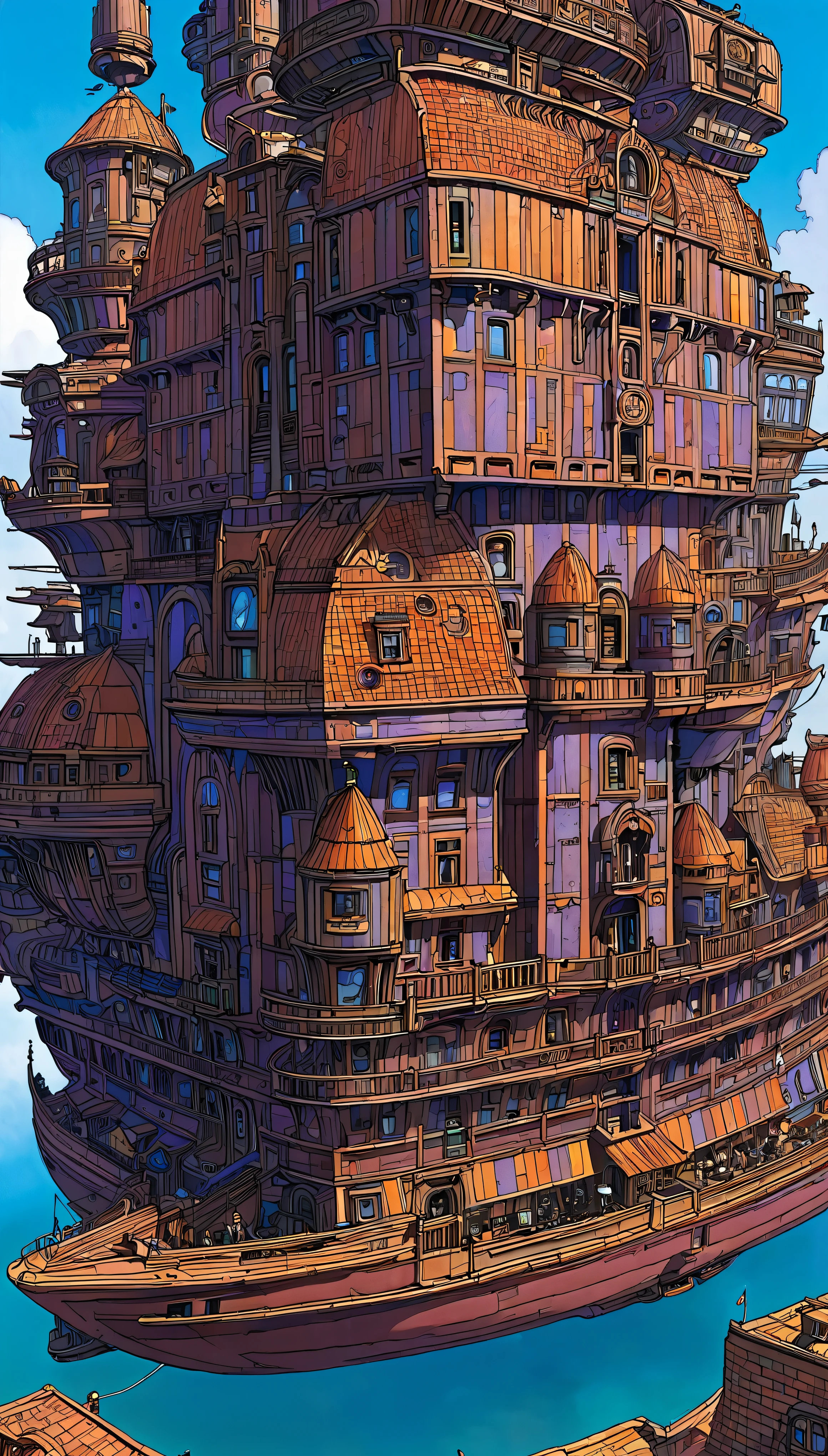 Huge, intricately detailed ships with a touch of old-fashioned charm、An unmistakable work by Moebius Jean-Giraud、worthy of the name「Sky City Ship」。This magnificent, towering, fantastical floating metropolis、It weaves the tale of an ancient civilization lost to time and treasure.。A rich display of Gothic architecture、An encounter with steampunk ingenuity、Inspire a sense of awe as you tread the line between the realms of reality and fantasy。In the sky、Complex gears spinning、Animate the ship's rigging、Leaves a trail of sparkling stardust as it spins。