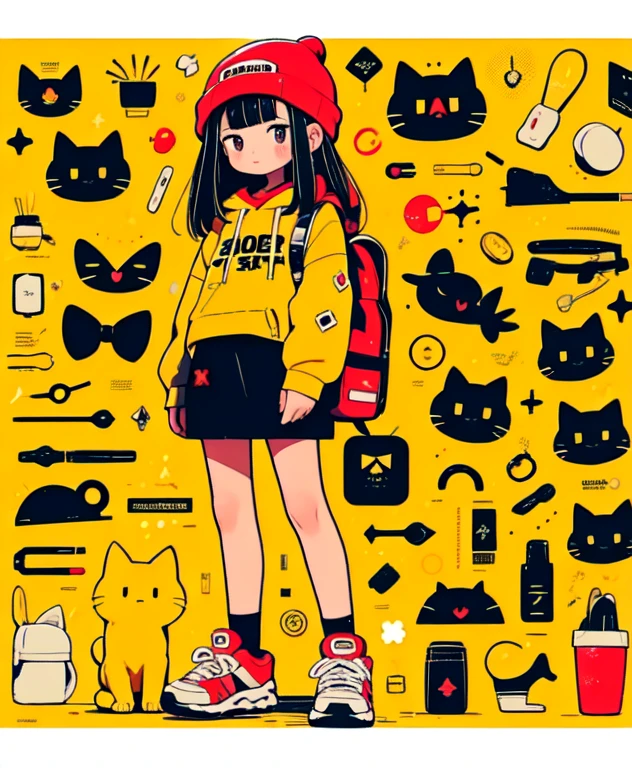 1girl, olhos vermelhos, fundo amarelo, gorro rosa, mochila, Gato, gorro ermelho, Drawstring, cabelos pretos, SHOES, hood down, uniforme escolar, saia, sozinho, celular, propriedade, ornamento de cabelo, English text, Curativo Band Aid, Meias, Brincos, white footwear, franja, Olhando para o Viewer, jewelries, sneaker, Telefone, Standing, corar, corpo inteiro, saia, medium hair, Meias Pretas, grampo de cabelo, tema vermelho, speech bubble, segurando o telefone, boca fechada, celular, mangas passadas pulsos, bicho, short hair, fundo simples, black skirt,