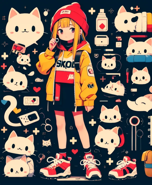 1girl, olhos vermelhos, fundo amarelo, gorro rosa, mochila, Gato, gorro ermelho, Drawstring, cabelos pretos, SHOES, hood down, uniforme escolar, saia, sozinho, celular, propriedade, ornamento de cabelo, English text, Curativo Band Aid, Meias, Brincos, white footwear, franja, Olhando para o Viewer, jewelries, sneaker, Telefone, Standing, corar, corpo inteiro, saia, medium hair, Meias Pretas, grampo de cabelo, tema vermelho, speech bubble, segurando o telefone, boca fechada, celular, mangas passadas pulsos, bicho, short hair, fundo simples, black skirt,