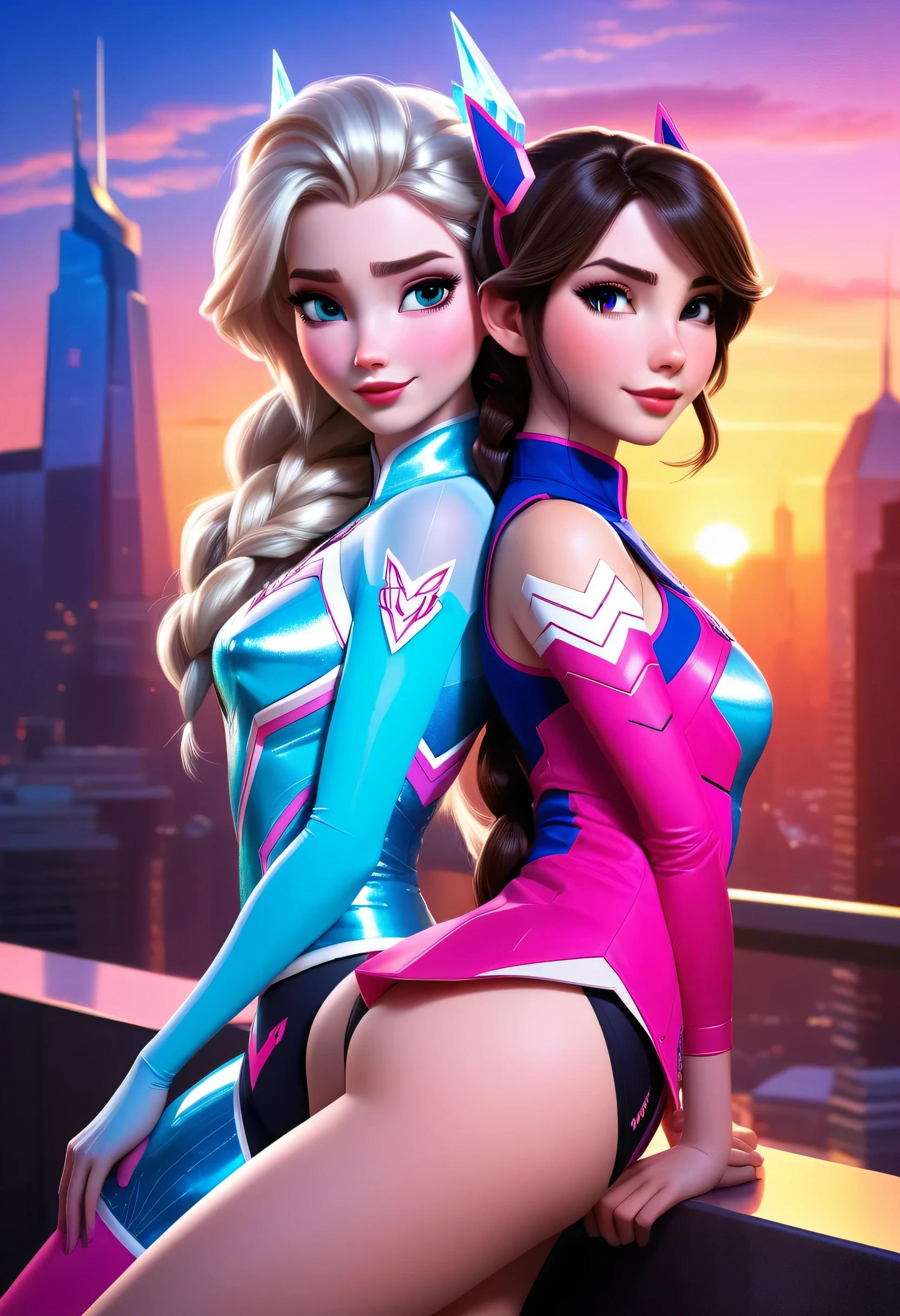((elsa and d.va merged:1.3)), merged, sexy, half body, metropolitan background, sunset, sexy attire, (high quality), (masterpiece), negative_hand