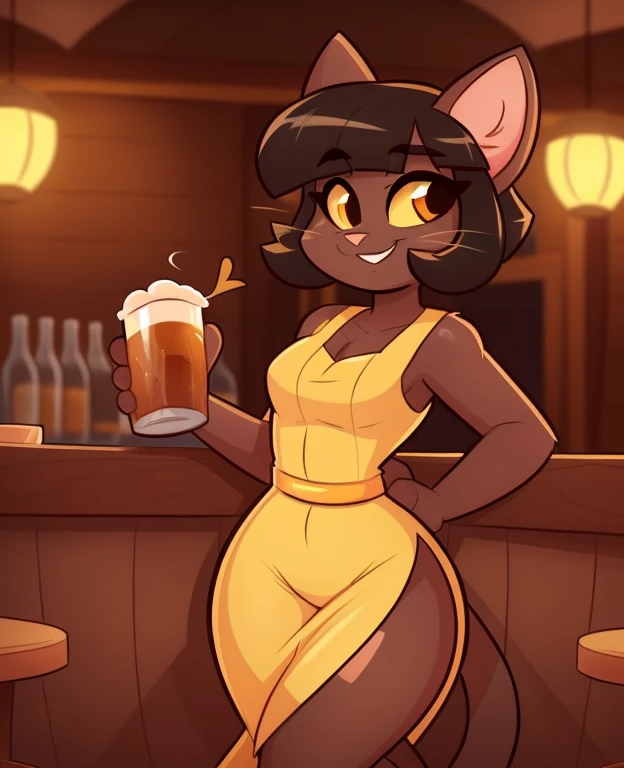 female, (Detailed face), (solo:1.1), [(thin:1.1) : (ivy pepper):4], (Detailed face), (more details, detailed background:1.1), (cat tail:1.1), smile, gold dress, black shorts, thick thighs, cat, anthropomorphic cat, anthro, (half-closed eyes, looking at the viewer seductively), pub, tavern, ((by Kilinah, by Coffeesoda, by Hioshiru, by Kilinah)), drinking beer