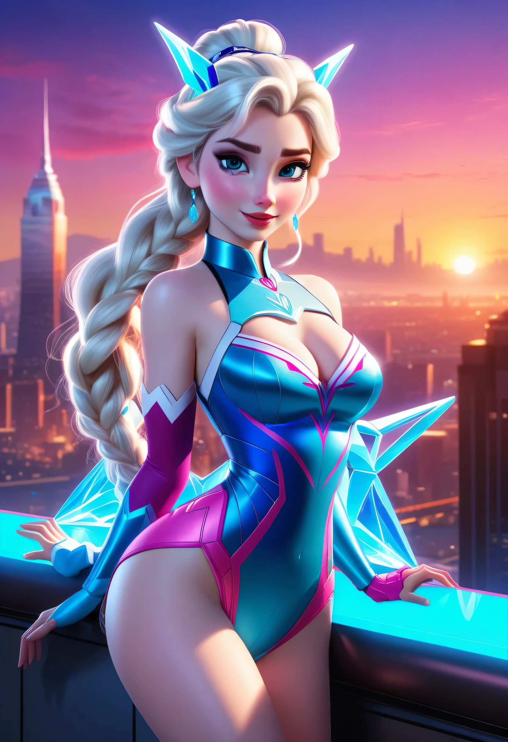 ((elsa and d.va merged:1.3)), merged, sexy, half body, metropolitan background, sunset, sexy attire, (high quality), (masterpiece), negative_hand