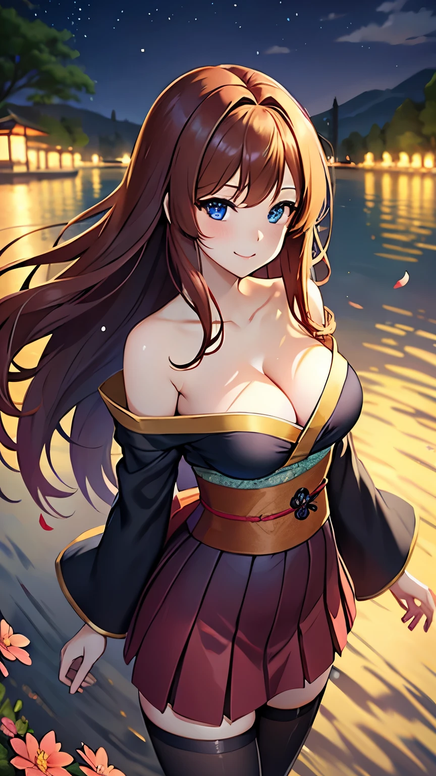 POV,from above,masterpiece,Japanese anime style,Beautiful girl with long straight reddish brown hair and blue eyes,Medium breasts,beautiful face,Smile,Walking by the lake at night, Wearing strapless gorgeous Hanfu and black pantyhose,The breeze blew her face,petals falling from the sky,The skirt flutters,Elegant picture