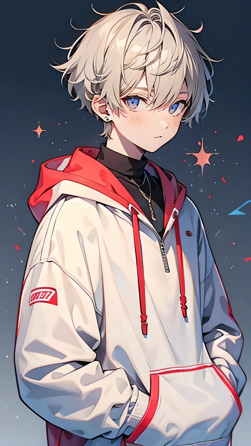 ( Boy, Red Eyes，Poker face, Wearing a white hoodie, short hair, Pale skin and gray hair, On a gray background, Hands in pockets，Look directly at the audience.