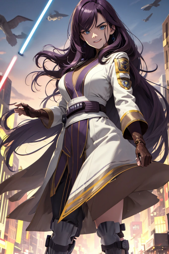 (absurdres, highres, ultra detailed), 1woman, mature female, wavy long hair, dark purple hair, blue eyes, pink skin, bangs, long sleeves, detailed eyes, detailed hands, extremely detailed, brown gloves, high boots, brown robe, looking at viewer, solo, full body shot, detailed background, detailed face, cyber theme, wind swirling, city background, yellow lightsaber, future tech, sexy facial expression (Smile with eyes),
