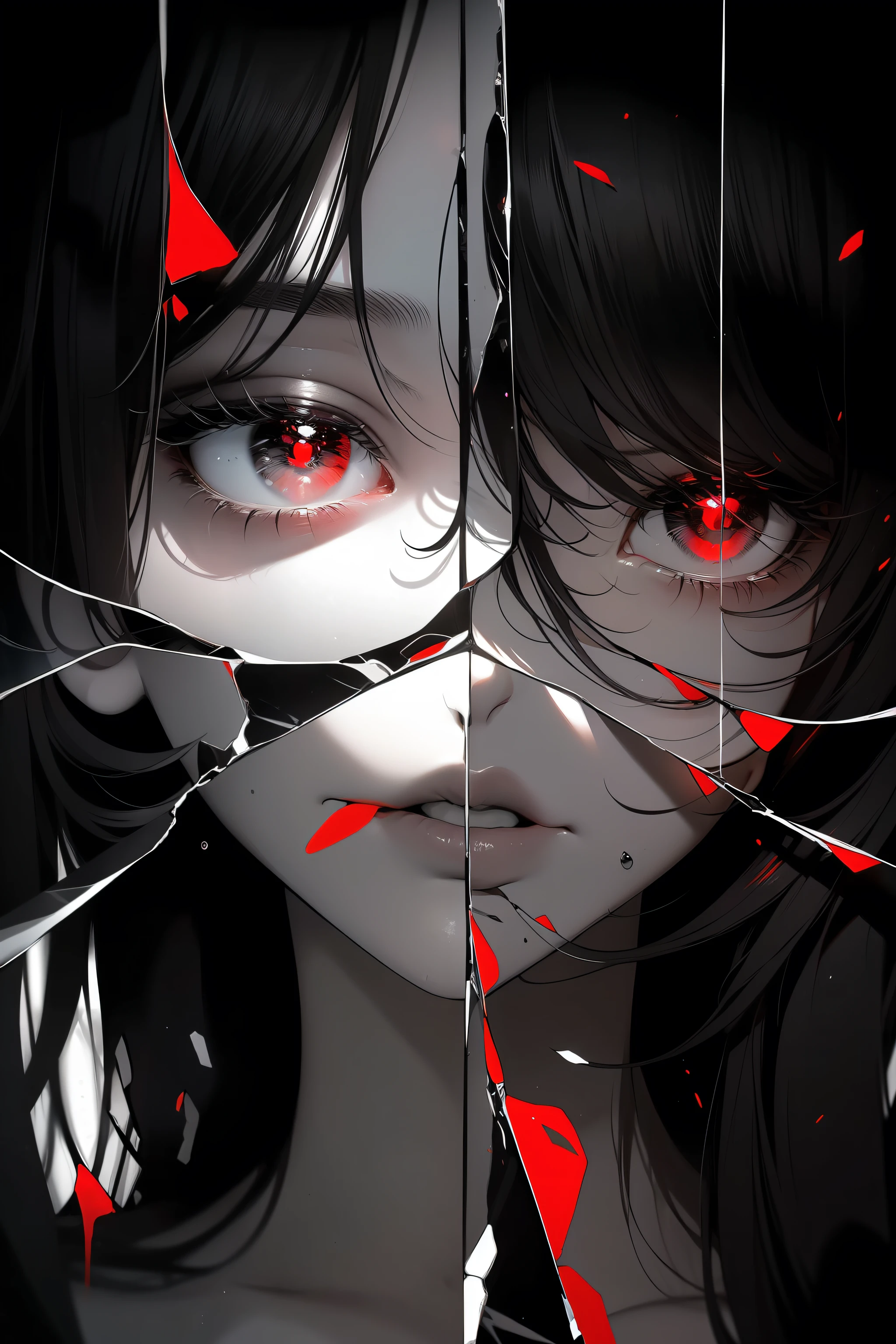 Black and white,Absolutely beautiful woman,bust,broken mirror,Black and white splitting,Red tears,Black and white painting,broken,sublevels,Black and white,Shattered by darkness and light,symmetry