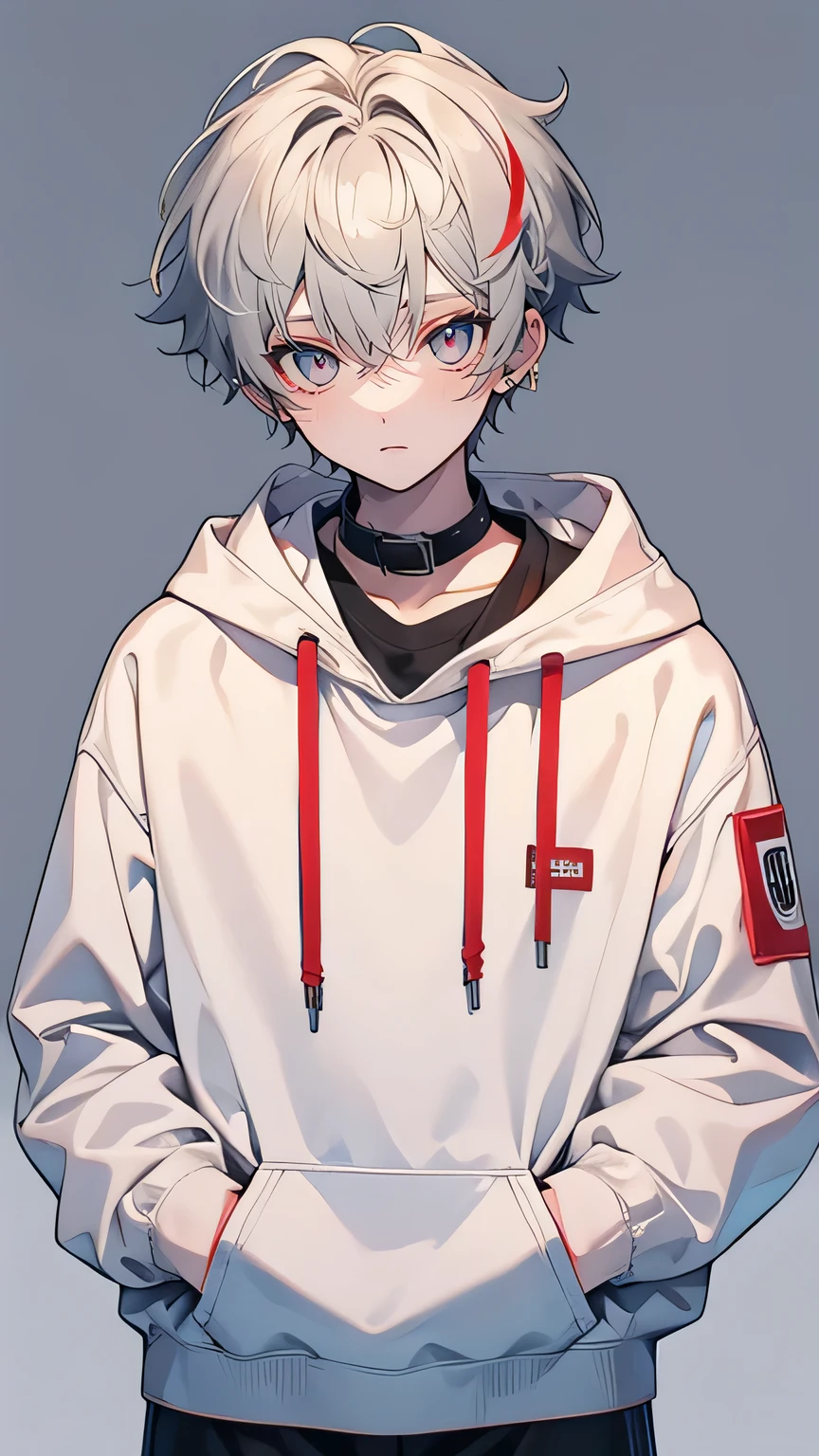 (Teenage Boy, Red Eyes,Poker face, Wearing a white hoodie, short hair, Pale skin and gray hair, On a gray background, Hands in pockets,Look directly at the audience.