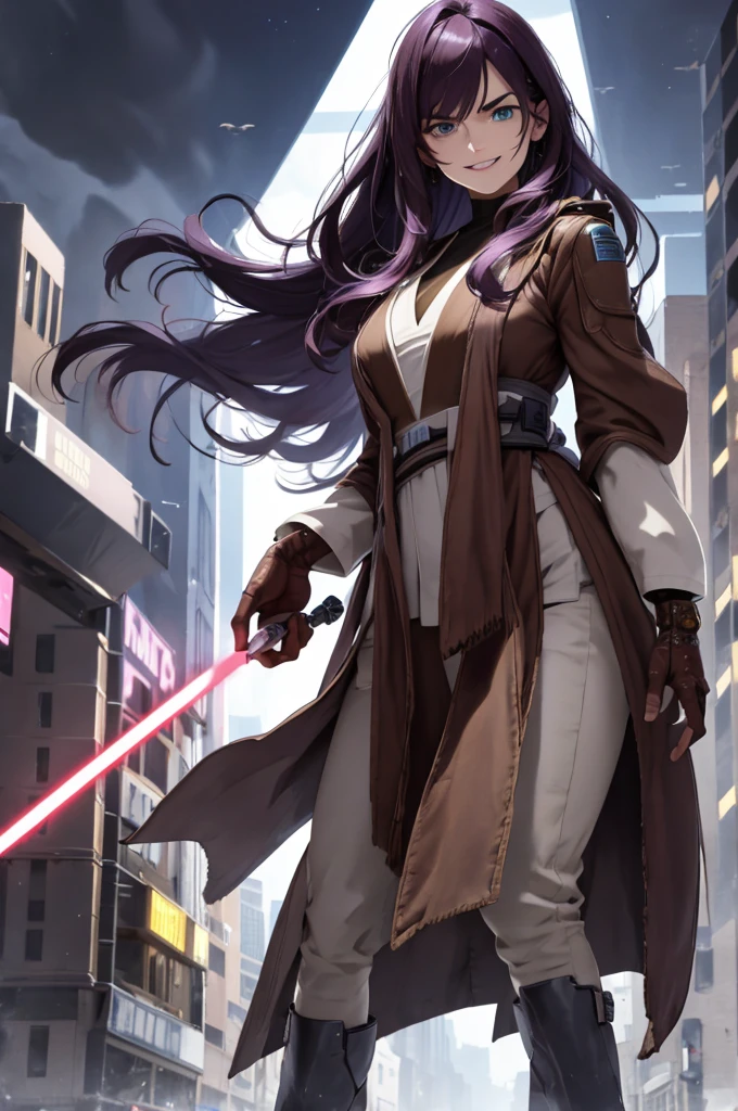 (absurdres, highres, ultra detailed), 1woman, mature female, wavy long hair, dark purple hair, blue eyes, pink skin, bangs, long sleeves, detailed eyes, detailed hands, extremely detailed, brown gloves, high boots, brown robe, looking at viewer, solo, full body shot, detailed background, detailed face, cyber theme, wind swirling, city background, yellow lightsaber, future tech, sexy facial expression (Smile with eyes),
