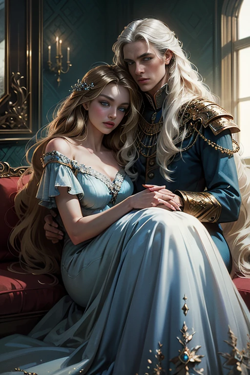 (masterpiece, highest quality, high resolution, 8k, difficulty: 1.2) photorealistic book cover in the genre of epic romantic fantasy, in the center of which a COUPLE (a man and a woman) is depicted. Spring romantic fantasy in the center stands a handsome, tall, statuesque, courageous young man-blond with long white hair, dressed in military uniform and silver armor, he hugs from behind a beautiful, incredibly beautiful young femme fatale with long golden hair, blue eyes, she is a princess, she is sad, proportional, gentle, shimmering, beautiful faces, she does not like him, he is unpleasant to her, daytime bokeh, fairy fairy, mysterious, bright spring color scheme, (Best quality, 8K, high resolution, Masterpiece: 1,2), Ultra-detailed (Realistic, Photorealistic, photorealistic-realistic: 1.37), Artistic design in a creative style, Historical, Classic, refined, many colors, High detail, soft lighting, luxurious furnishings, dress with details, bright flowers, exquisite jewelry, Unearthly atmosphere, Elegant pose, Graceful curves, Golden body proportions, Loose hair, Breathtaking textile patterns, Piercing blue eyes, Delicate floral decor, Dazzling set of crystal accessories, Mysterious and dreamy atmosphere, Impeccable attention to detail. detailed eyes, beautiful face.