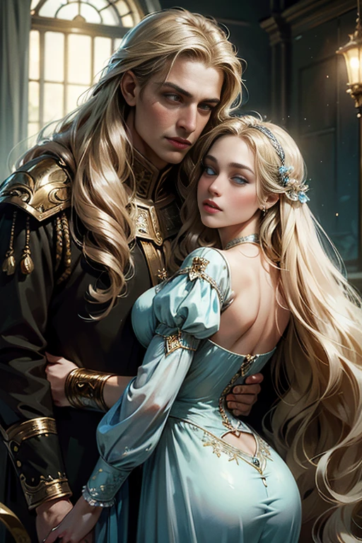 (masterpiece, highest quality, high resolution, 8k, difficulty: 1.2) photorealistic book cover in the genre of epic romantic fantasy, in the center of which a COUPLE (a man and a woman) is depicted. Spring romantic fantasy in the center stands a handsome, tall, statuesque, courageous young man-blond with long white hair, dressed in military uniform and silver armor, he hugs from behind a beautiful, incredibly beautiful young femme fatale with long golden hair, blue eyes, she is a princess, she is sad, proportional, gentle, shimmering, beautiful faces, she does not like him, he is unpleasant to her, daytime bokeh, fairy fairy, mysterious, bright spring color scheme, (Best quality, 8K, high resolution, Masterpiece: 1,2), Ultra-detailed (Realistic, Photorealistic, photorealistic-realistic: 1.37), Artistic design in a creative style, Historical, Classic, refined, many colors, High detail, soft lighting, luxurious furnishings, dress with details, bright flowers, exquisite jewelry, Unearthly atmosphere, Elegant pose, Graceful curves, Golden body proportions, Loose hair, Breathtaking textile patterns, Piercing blue eyes, Delicate floral decor, Dazzling set of crystal accessories, Mysterious and dreamy atmosphere, Impeccable attention to detail. detailed eyes, beautiful face.
