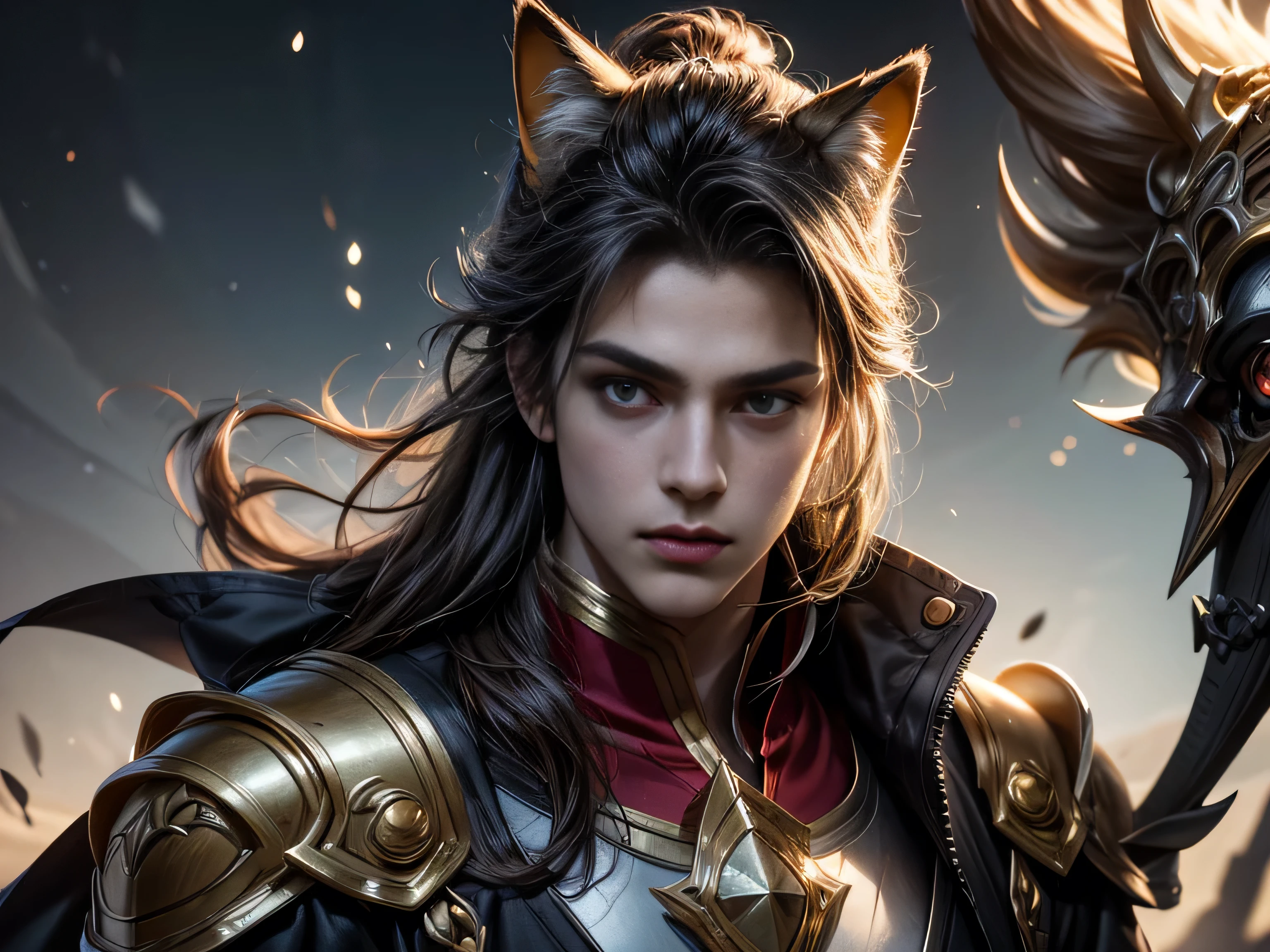 (Best Quality, 8K, Masterpiece, HDR, Soft Lighting, Picture Perfect, Realistic, Vivid), Black-haired guy with fox ears and baby fox animal lie on the snow, on the mountainside, Anime Illustrations, Beautiful Illustrations, Exquisite Digital Illustrations, Realistic digital anime, realistic digital anime art, (ultra high quality fantasy art), masterpiece, male model, ultra high quality male character designs, anime art with 8k development, realistic anime art, highest quality wallpaper illustrations, complex ultra high quality accurate male characters faces, high quality design and accurate physics (super-quality fantasy style)), art, dark fantasy)) Style), masterpieces, super-quality characters, anime resolution - 8K, realistic anime art, wallpapers with the highest quality illustrations, ultra-high detail of faces, high-quality design and physics accuracy), color, depth of field, shadows, ray tracing, production of high-quality computer wallpapers and 8K resolution, (Accurate simulation of the interaction of light and materials)], [High-quality detailed hair [More about beautiful and shiny red hair]], (Beautifully detailed hands [perfect fingers [Perfect nails]], (perfect anatomy (perfect proportions)))) [[Full length]], [Perfect color combination (Accurate imitation of the interaction of light and material)], [art that conveys the meaning of the story ]