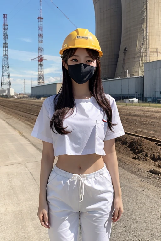 1 korean beautiful girl, full body, beautiful smiling, girl dressed with construction clothes, in front of a nuclear plant, high resolution, very detailed, photo 8K resolution, Glamor body type, (medium breasts:1.0), (white surgical mask, Cover the nose), (hard hat),