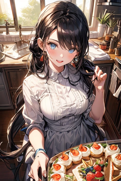 (dynamic angle:1.3, front view:1.1, breast focus:1.3, from above:1.1), (dynamic posing:1.2, sexy posing:1.2), (seductive smiling:1.3), ((looking at cake,Taking a cake out of the golden oven, worried about the outcome:1.2)),highest quality、(real、photorealistic:1.4),(ultra high resolution, 8K RAW photo, clear focus), best qualtiy, natural lighting, field depth, (Bright pupils, detailed beautiful eyes, high detailed face), Red lip, (tight focus:1.2), a girl 22yo old, Wearing a pastry chef uniform:1.3 , Thicc, thin breast, long hair, blue eyes,a pastry pretty girl:1.1, (highly detailed beautiful face and eyes,small breasts),real skin,((black,hair,long pony tail hair)),thin pubic hair,cute,lovely, detailed eyes,(double breasted:1.0,under bust:1.0),(with sparkling eyes and a contagious smile),open mouth, Looking at Viewer,A scene of cooking in the kitchen with the oven made by goldden 