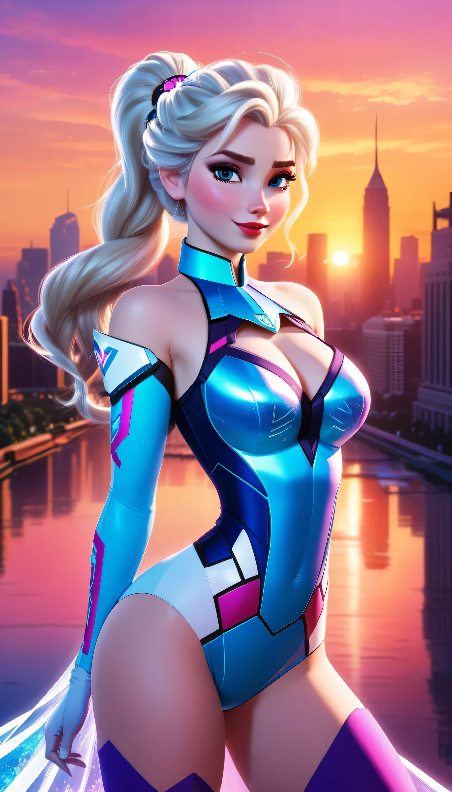 ((elsa and d.va merged:1.3)), merged, sexy, half body, metropolitan background, sunset, sexy attire, (high quality), (masterpiece), negative_hand