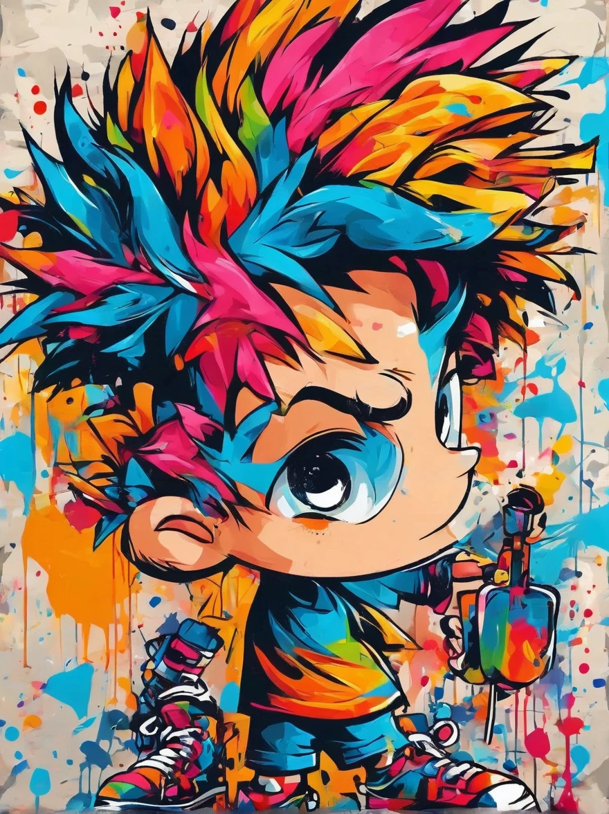 卡通Graffiti人物,Vector illustration,Illustration style,男性contour,athlete,dynamic姿势,contour,Graffiti,Ink splatter,Bold Colors,dynamic,Colorful,Abstract Painting,Look closely,Like a person,artwork,mystery,design,站在Graffiti背景前,Add whimsy to the scene