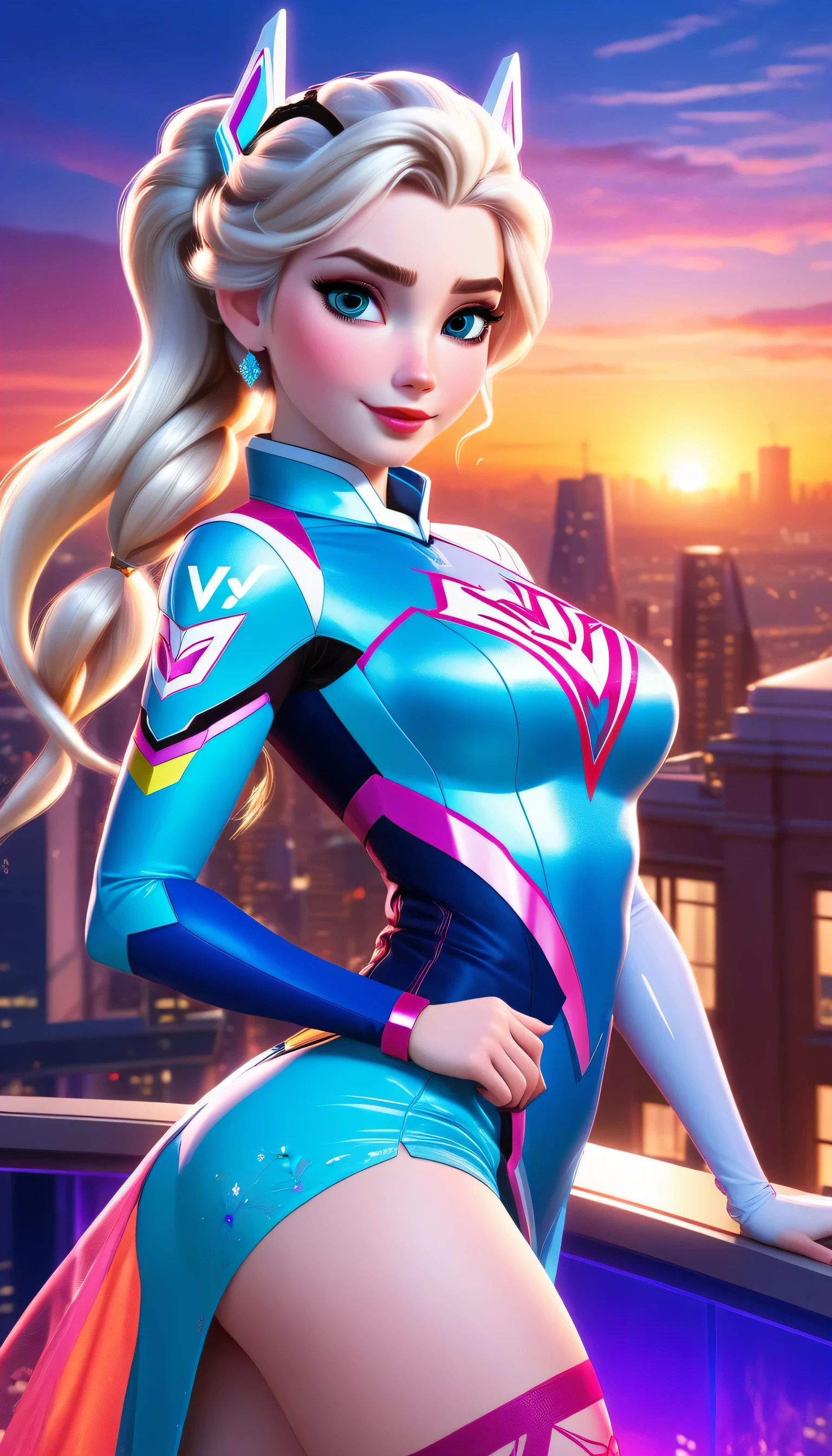((elsa and d.va merged:1.3)), merged, sexy, half body, metropolitan background, sunset, sexy attire, (high quality), (masterpiece), negative_hand