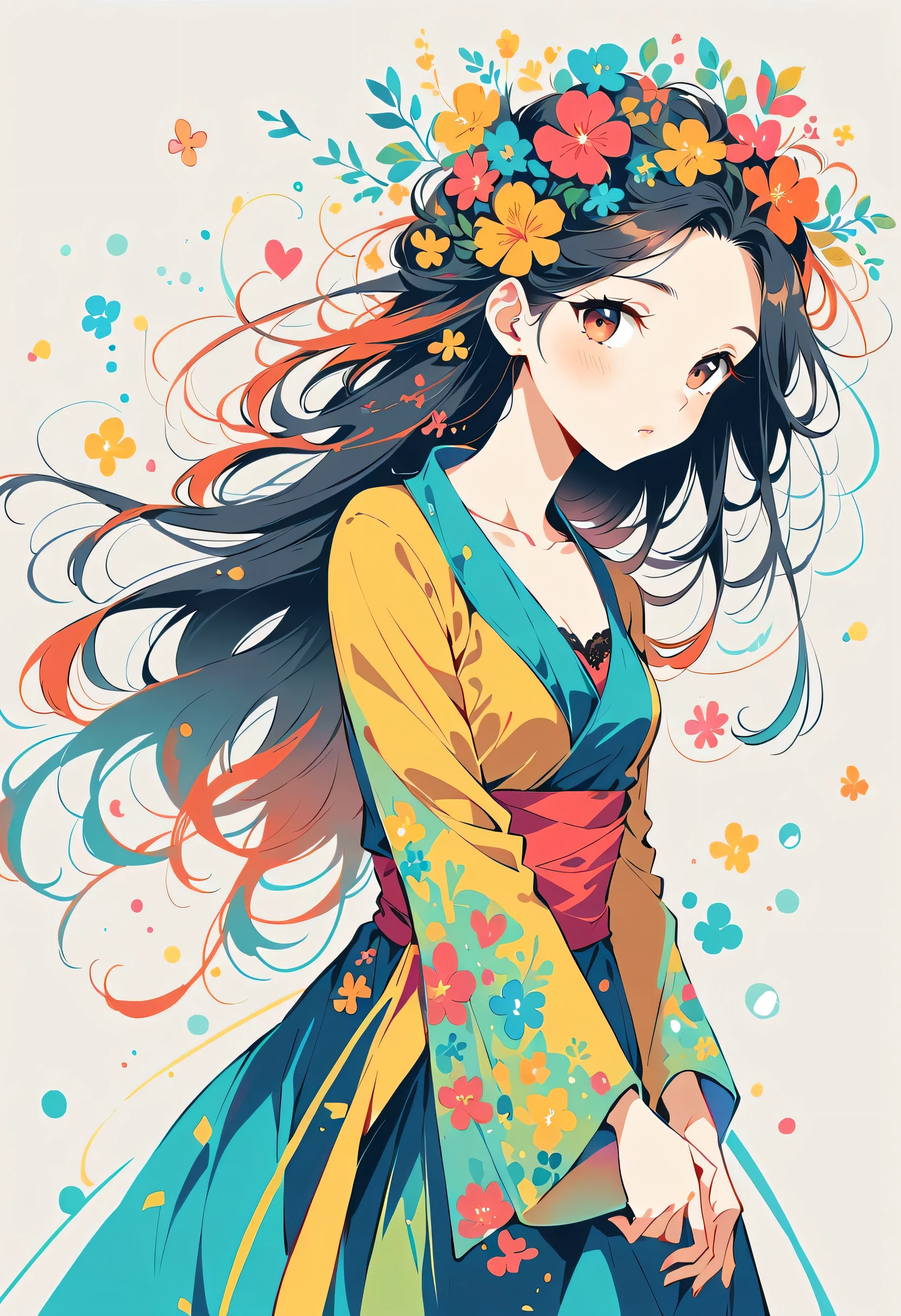Yoneyama dance style, Standing in front of a high wall,Simple Line Initialism,Abstract art,Urban Background, (((The most beautiful girl))), colorful flowers