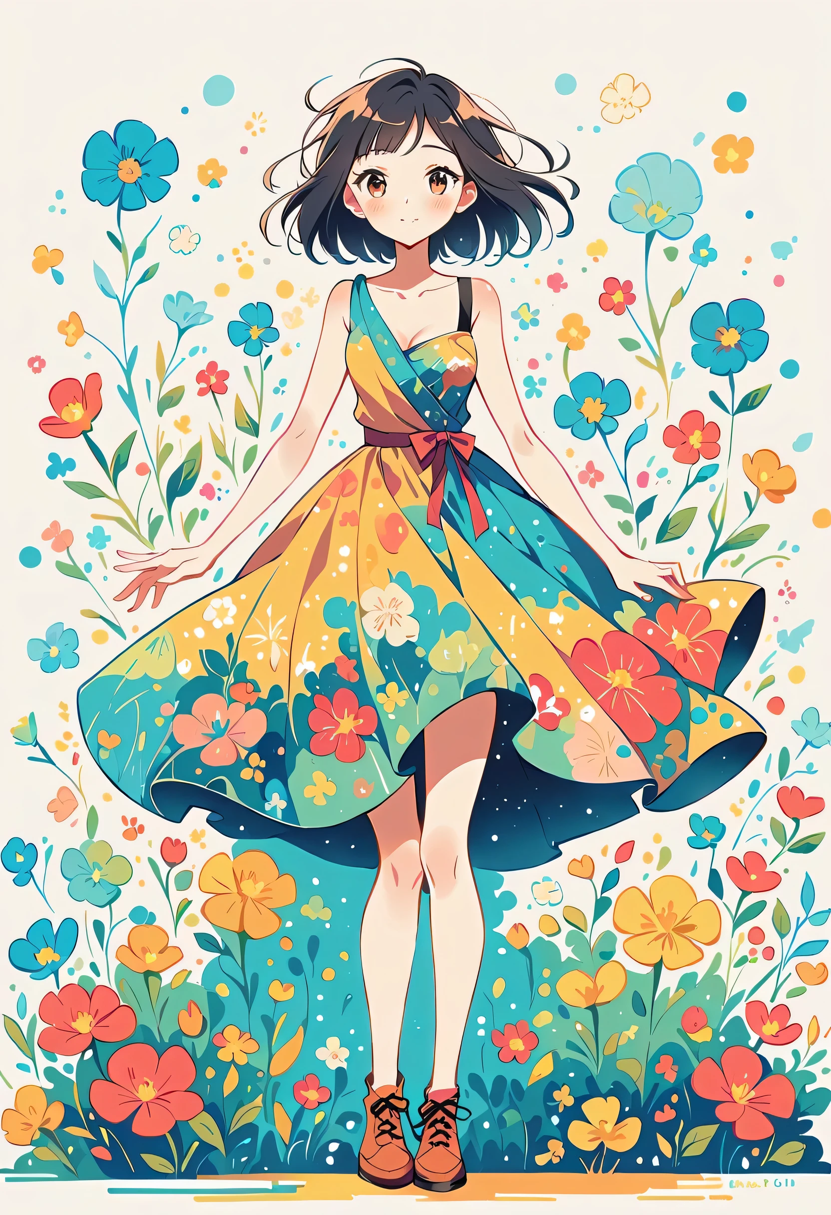 Yoneyama dance style, Standing in front of a high wall，Simple Line Initialism，Abstract art，Urban Background, (((The most beautiful girl))), colorful flowers