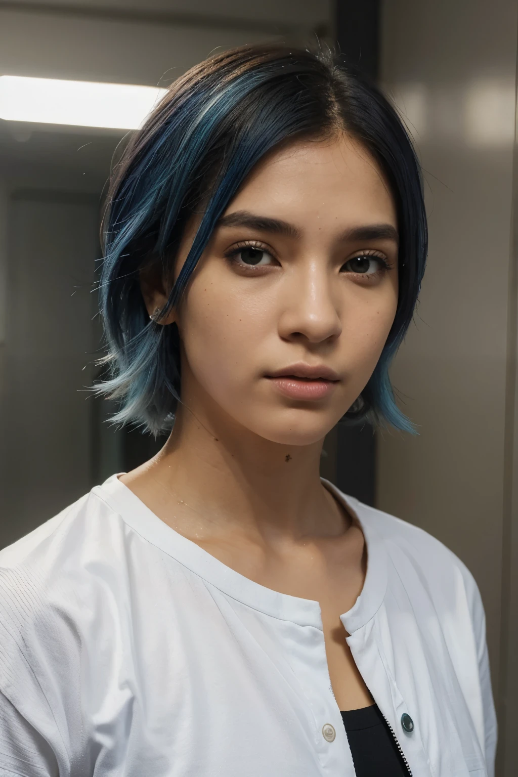 Personagem estilo Free fire, com cabelo azul escuro o cabelo era esperto, ele usava um casaco branco com detalhes em laranja, estava com fone de ouvido o casaco cobria sua boca