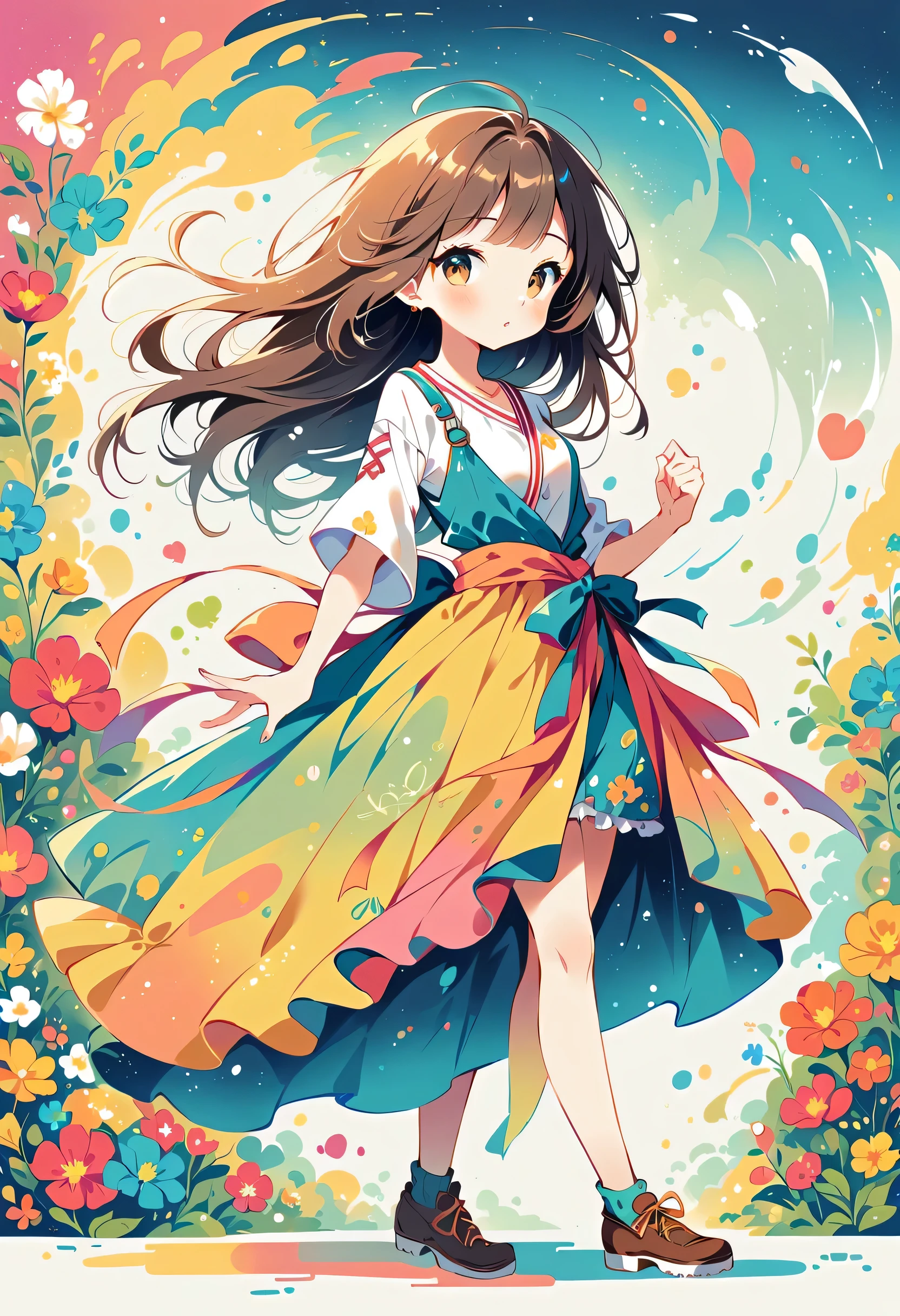 Yoneyama dance style, Standing in front of a high wall，Simple Line Initialism，Abstract art，Urban Background, (((The most beautiful girl))), colorful flowers